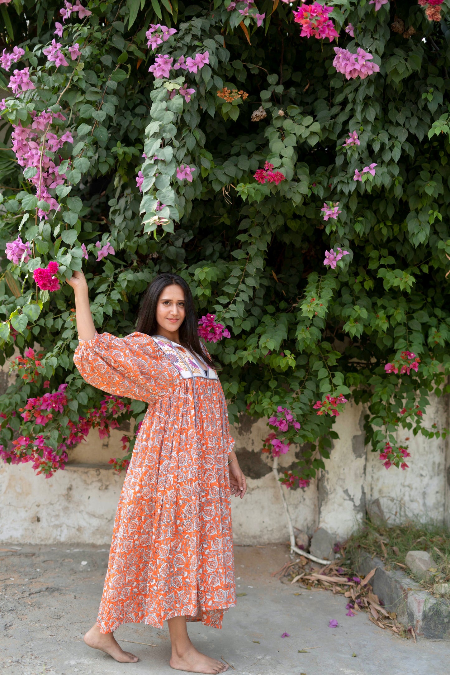 Hand Block Printed Hailey Midi Dress~ Orange