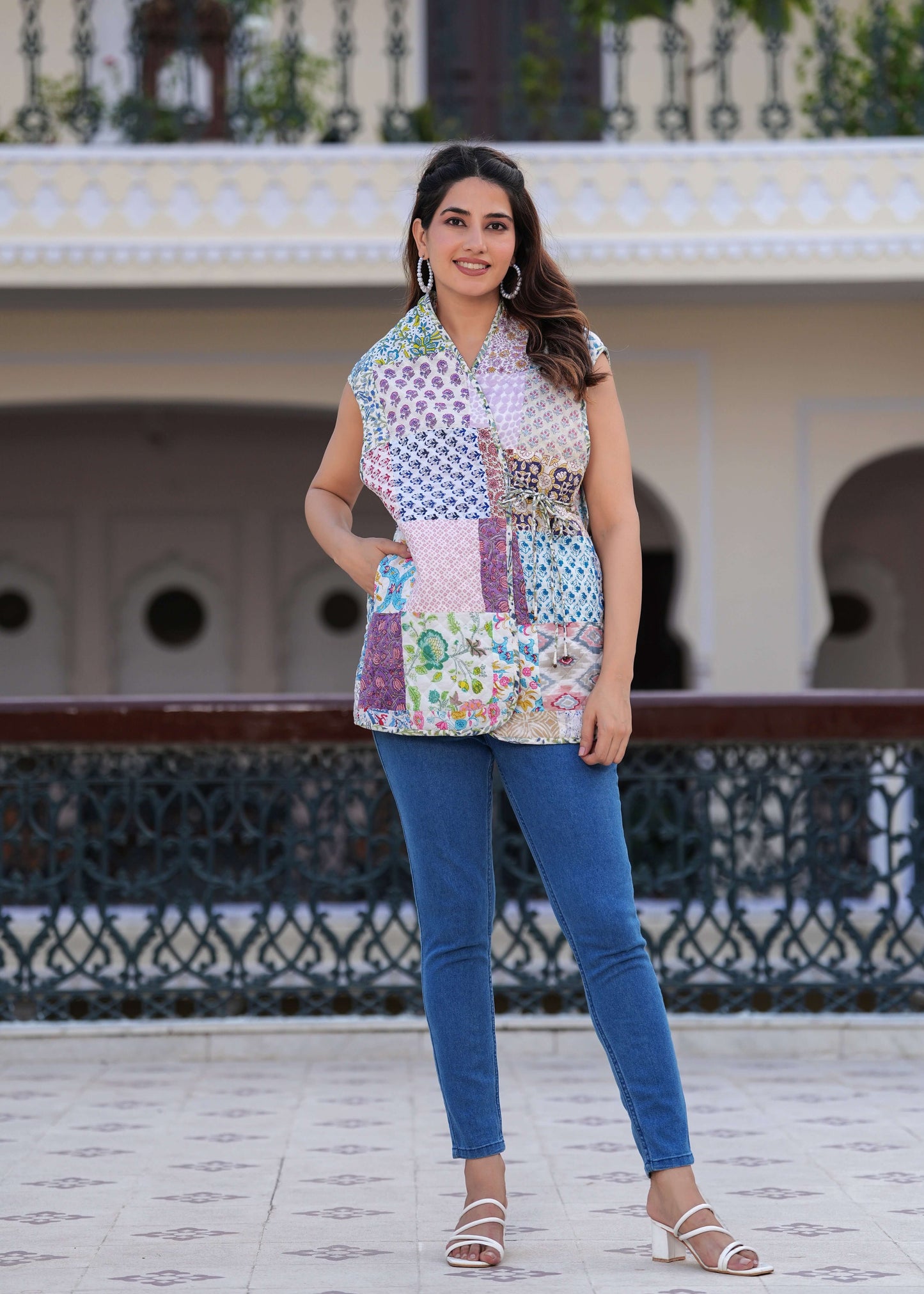 Cotton Hand Block Print Patchwork Sleeveless Jacket