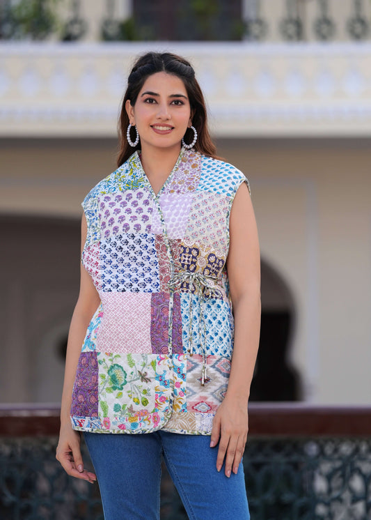 Cotton Hand Block Print Patchwork Sleeveless Jacket
