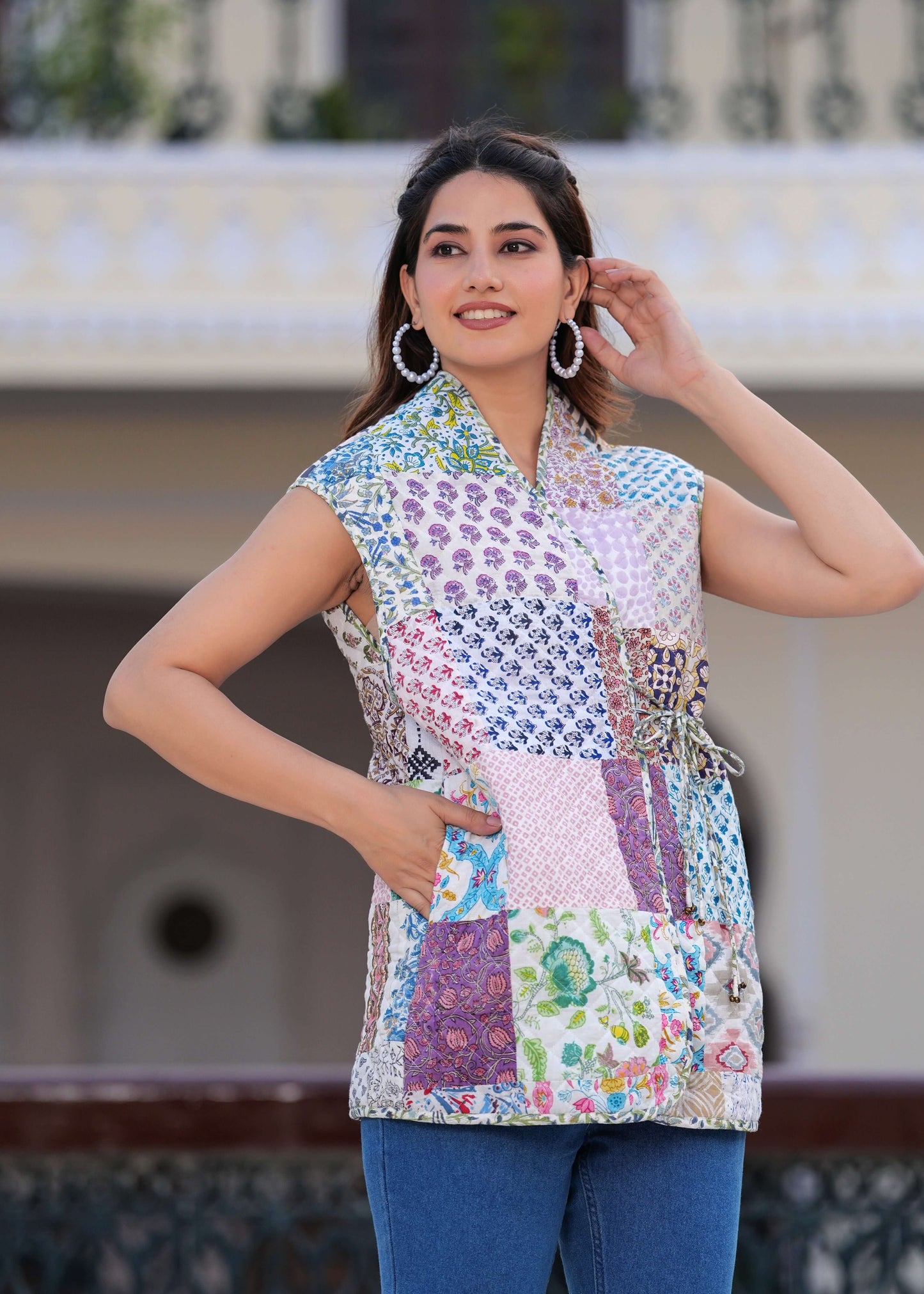 Cotton Hand Block Print Patchwork Sleeveless Jacket