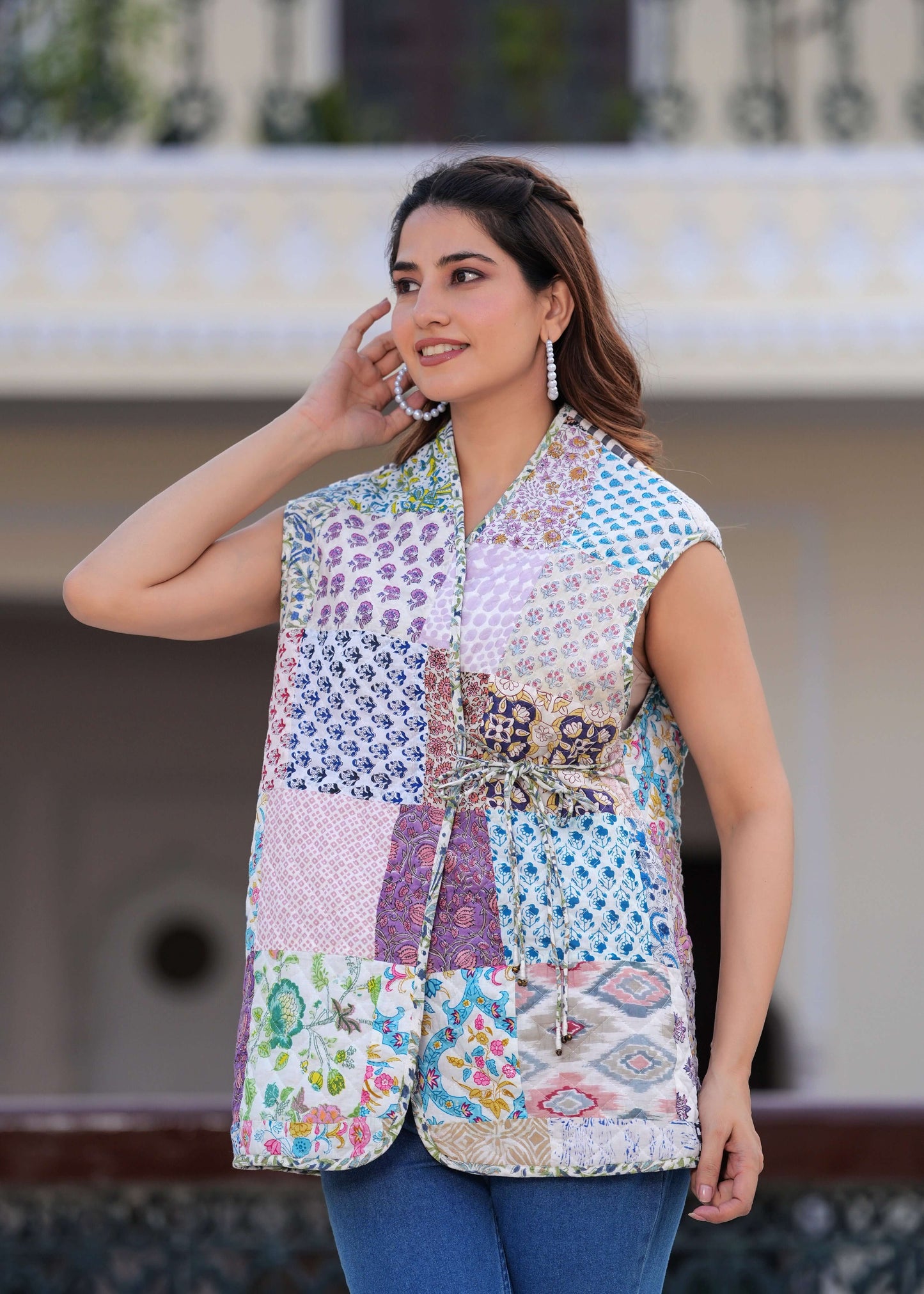 Cotton Hand Block Print Patchwork Sleeveless Jacket