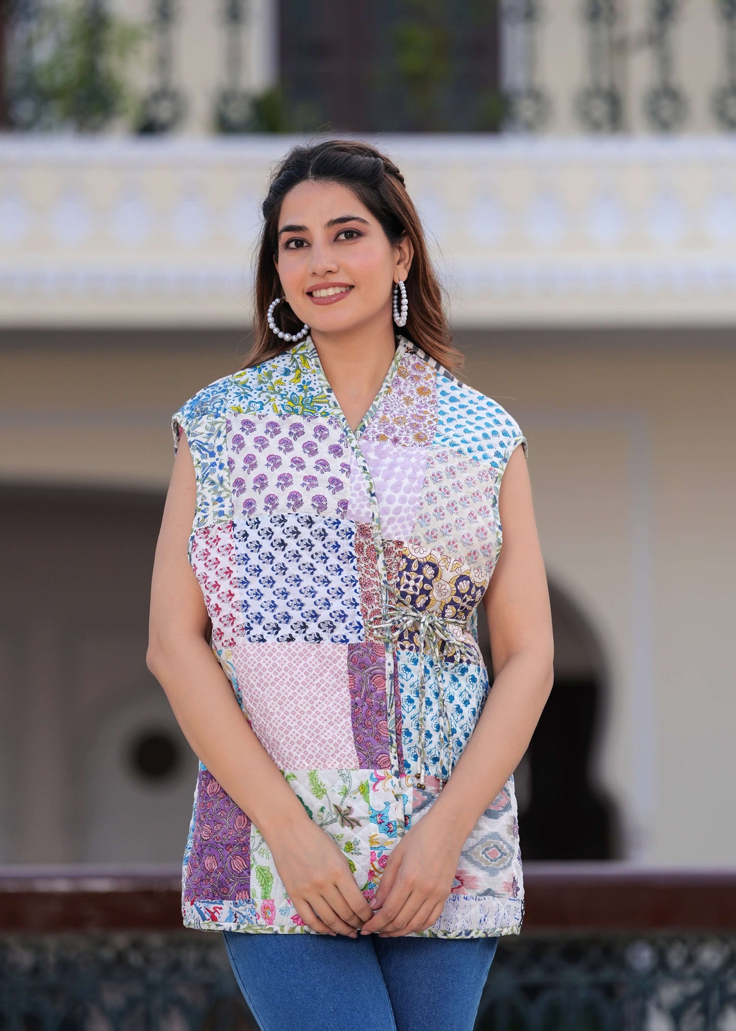 Cotton Hand Block Print Patchwork Sleeveless Jacket