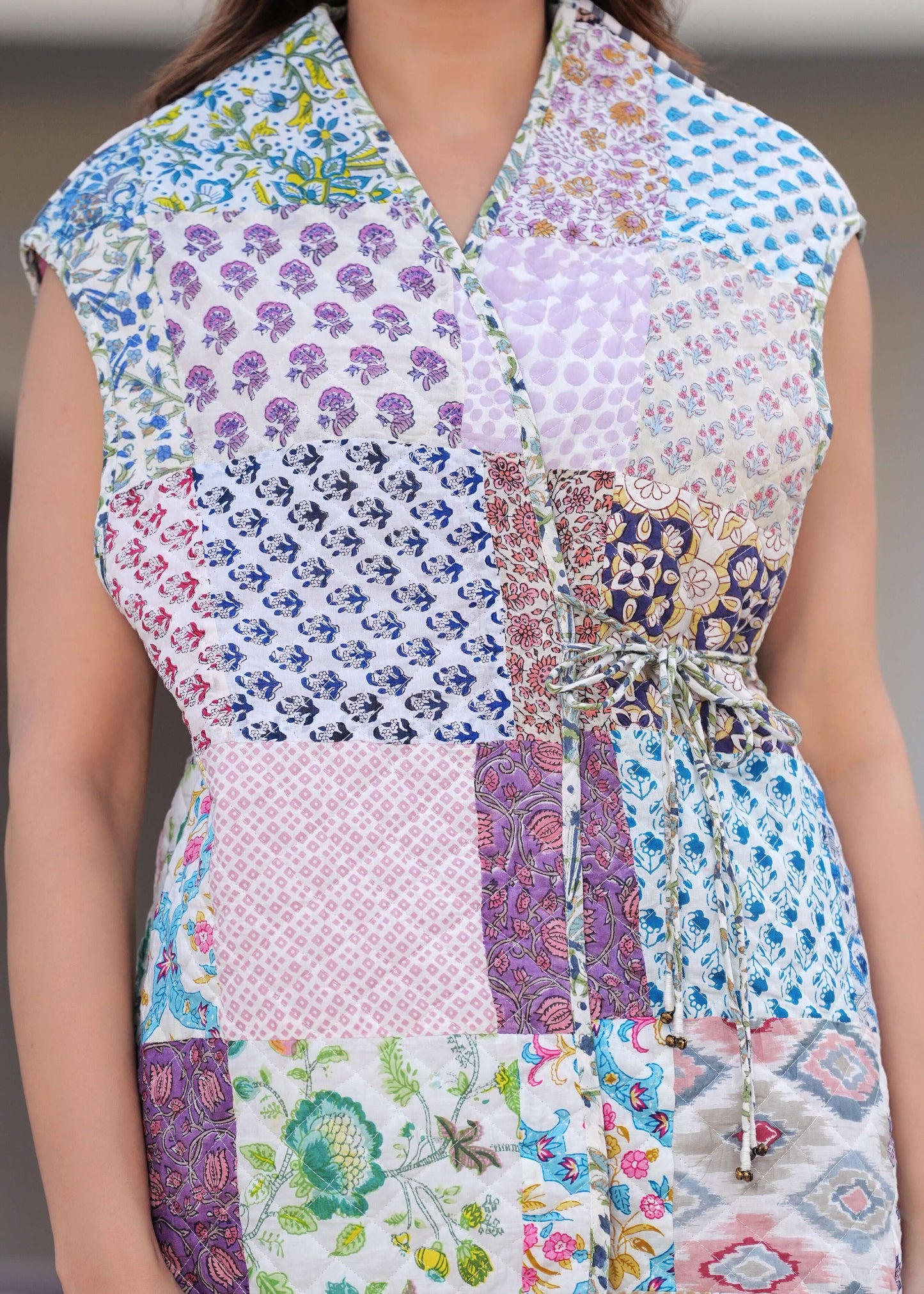 Cotton Hand Block Print Patchwork Sleeveless Jacket