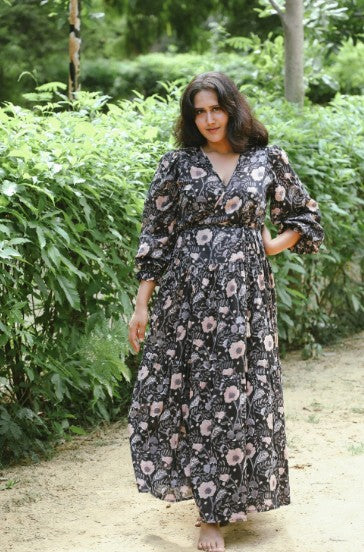Hand Block Printed Black Floral Midi Dress