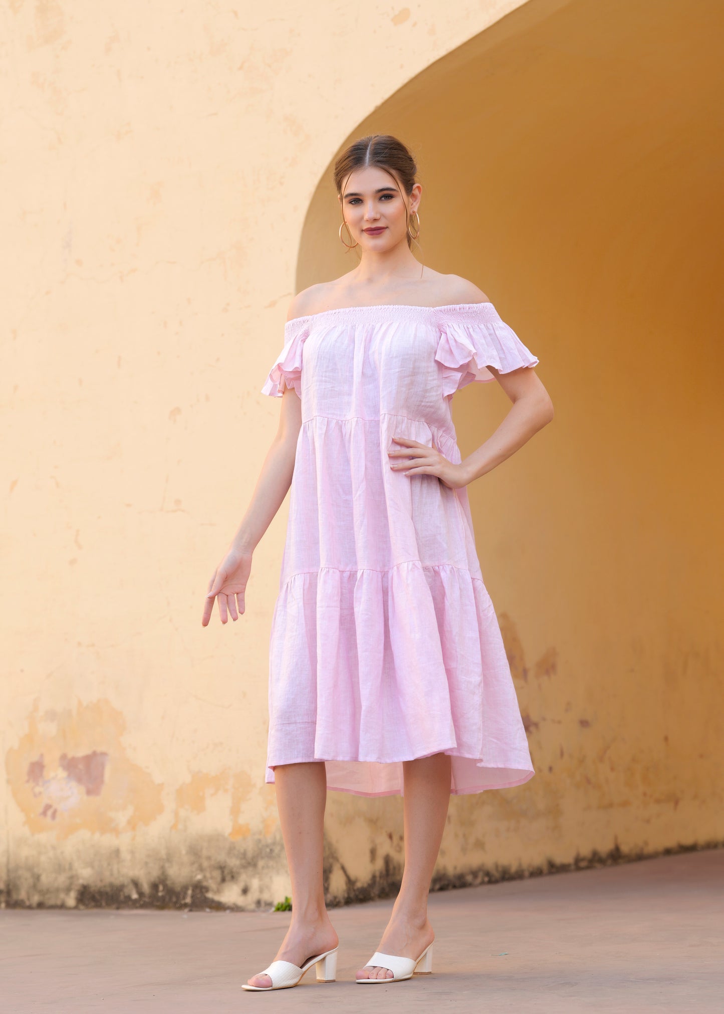 Pink Off Shoulder Amelia Midi Dress Cotton Summer Dress