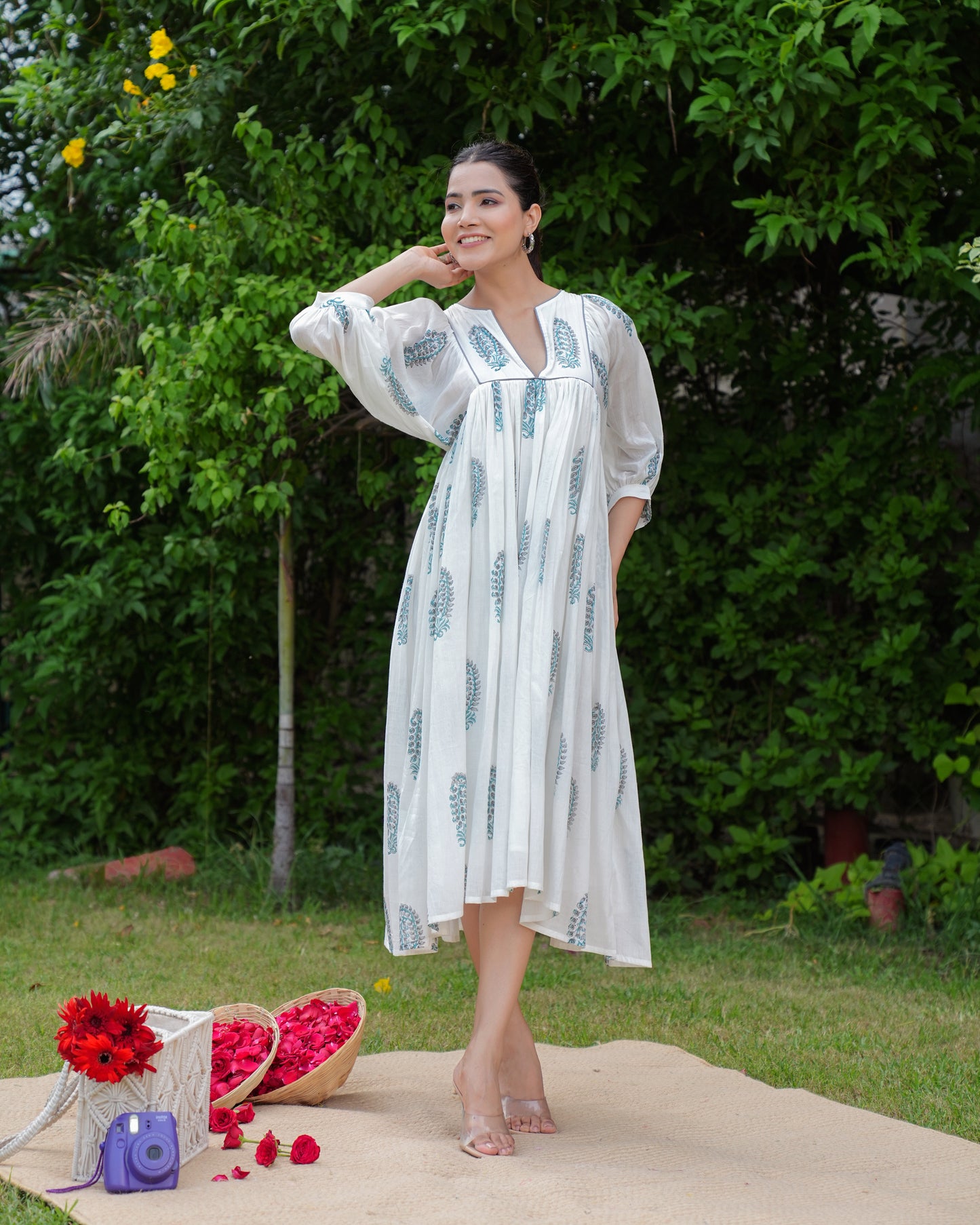 Hand Block Printed Blue Midi Dress