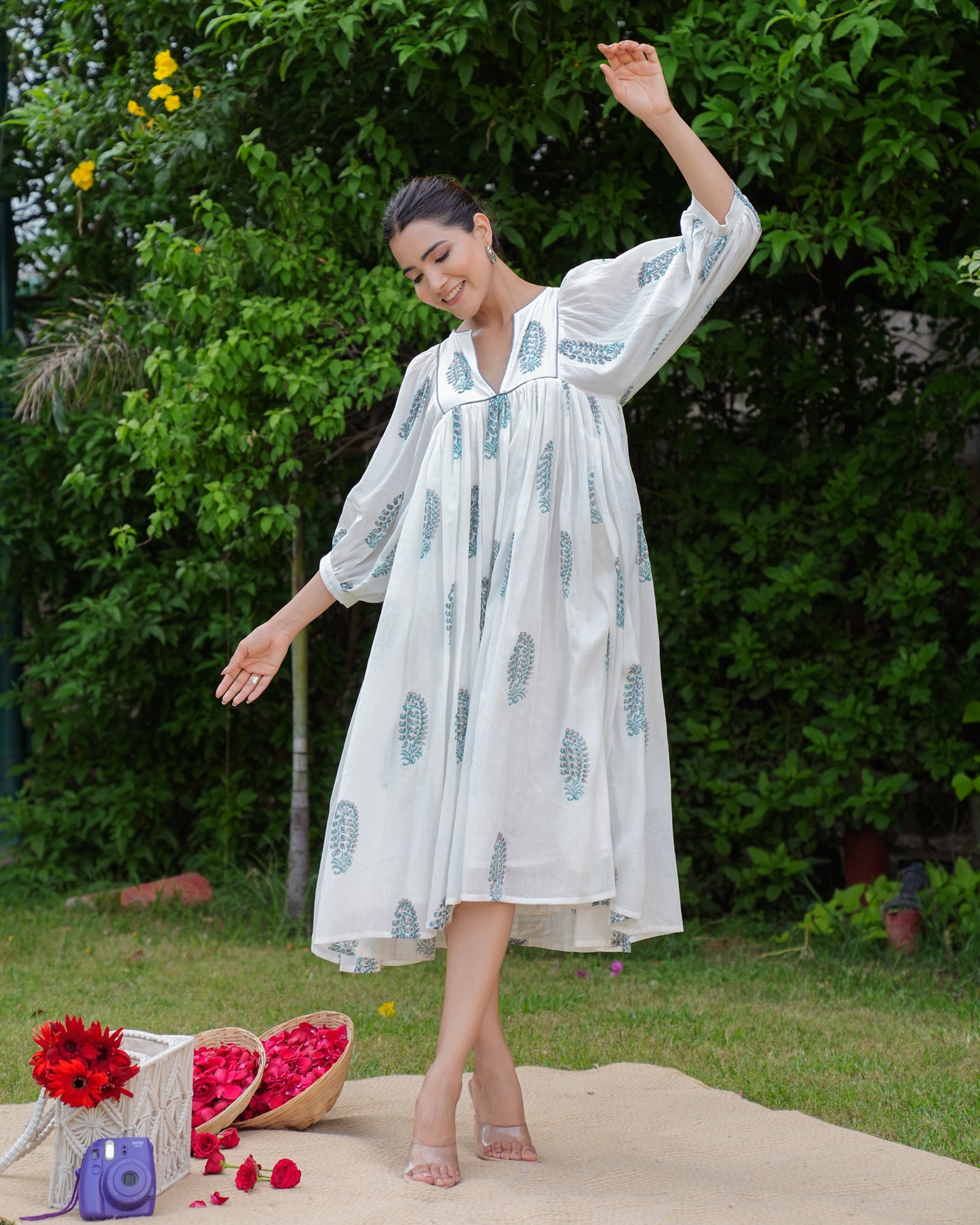 Hand Block Printed Blue Midi Dress