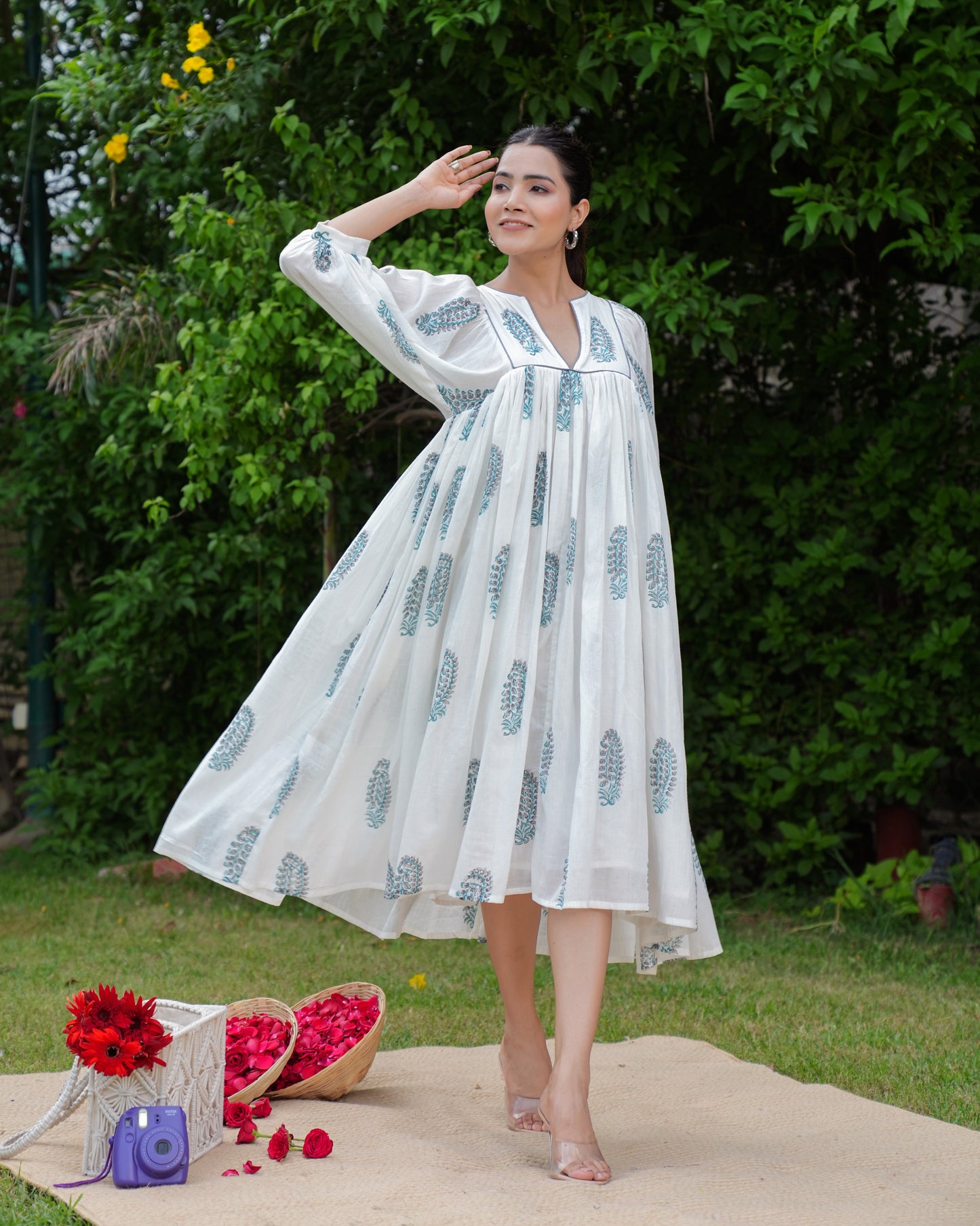 Hand Block Printed Blue Midi Dress