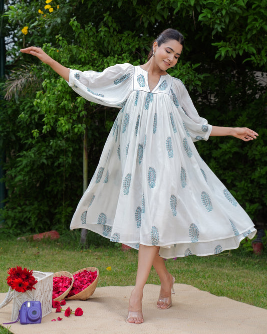 Hand Block Printed Blue Midi Dress