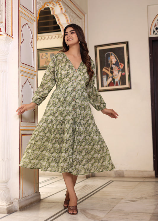 Hand Block Printed Cotton Jean Midi Dress