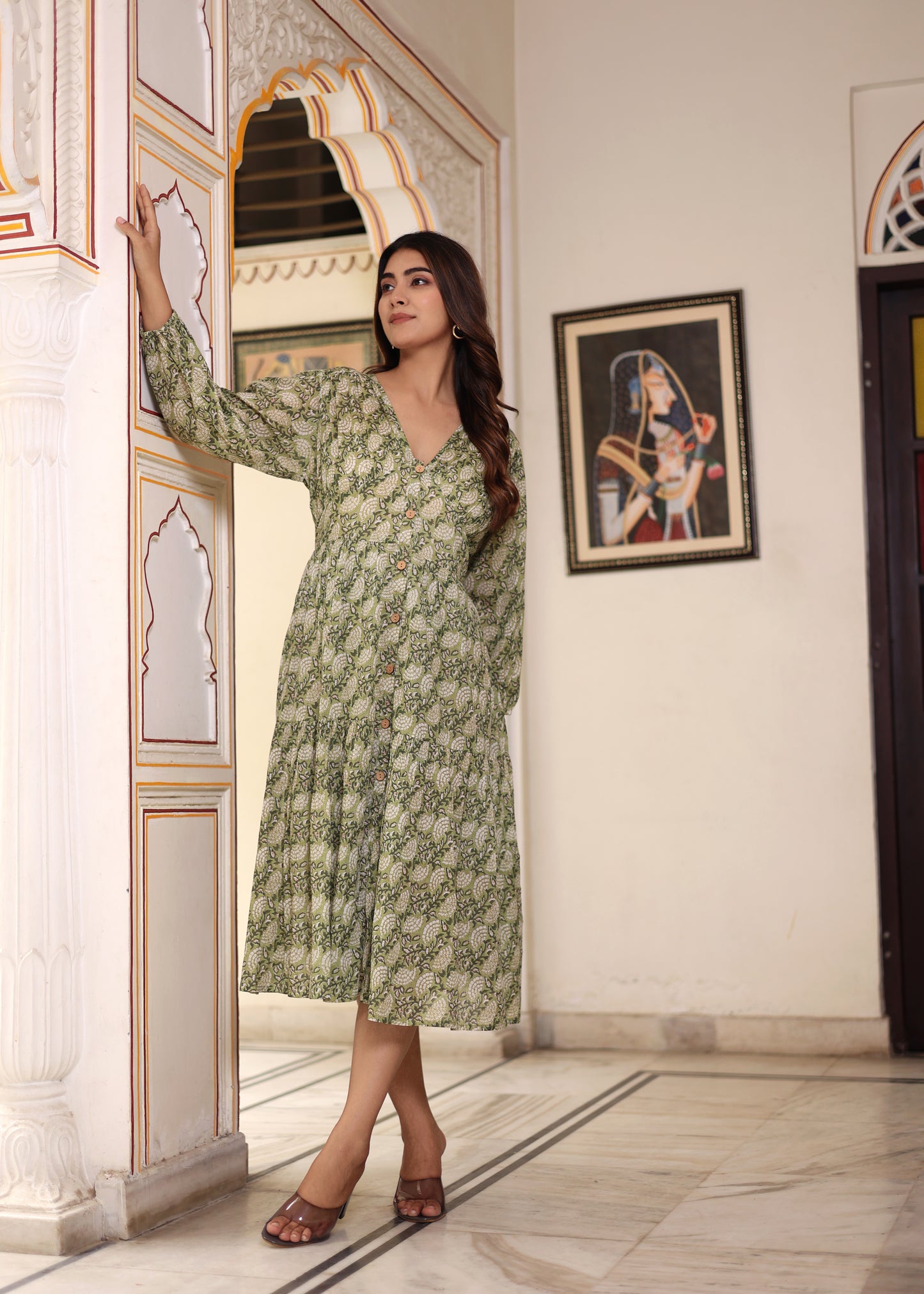 Hand Block Printed Cotton Jean Midi Dress