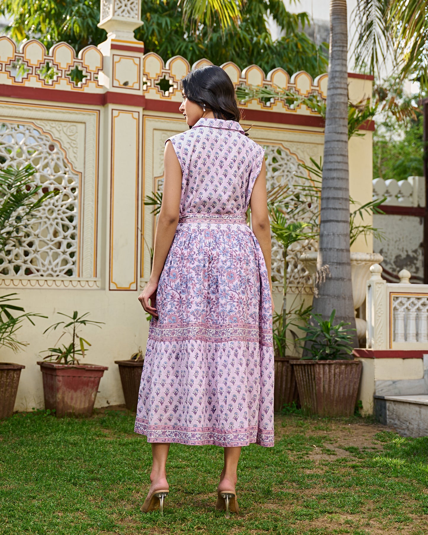 Handcrafted Cotton Midi Dress Jaipur Print | Sleeveless Collared Dress With Belt