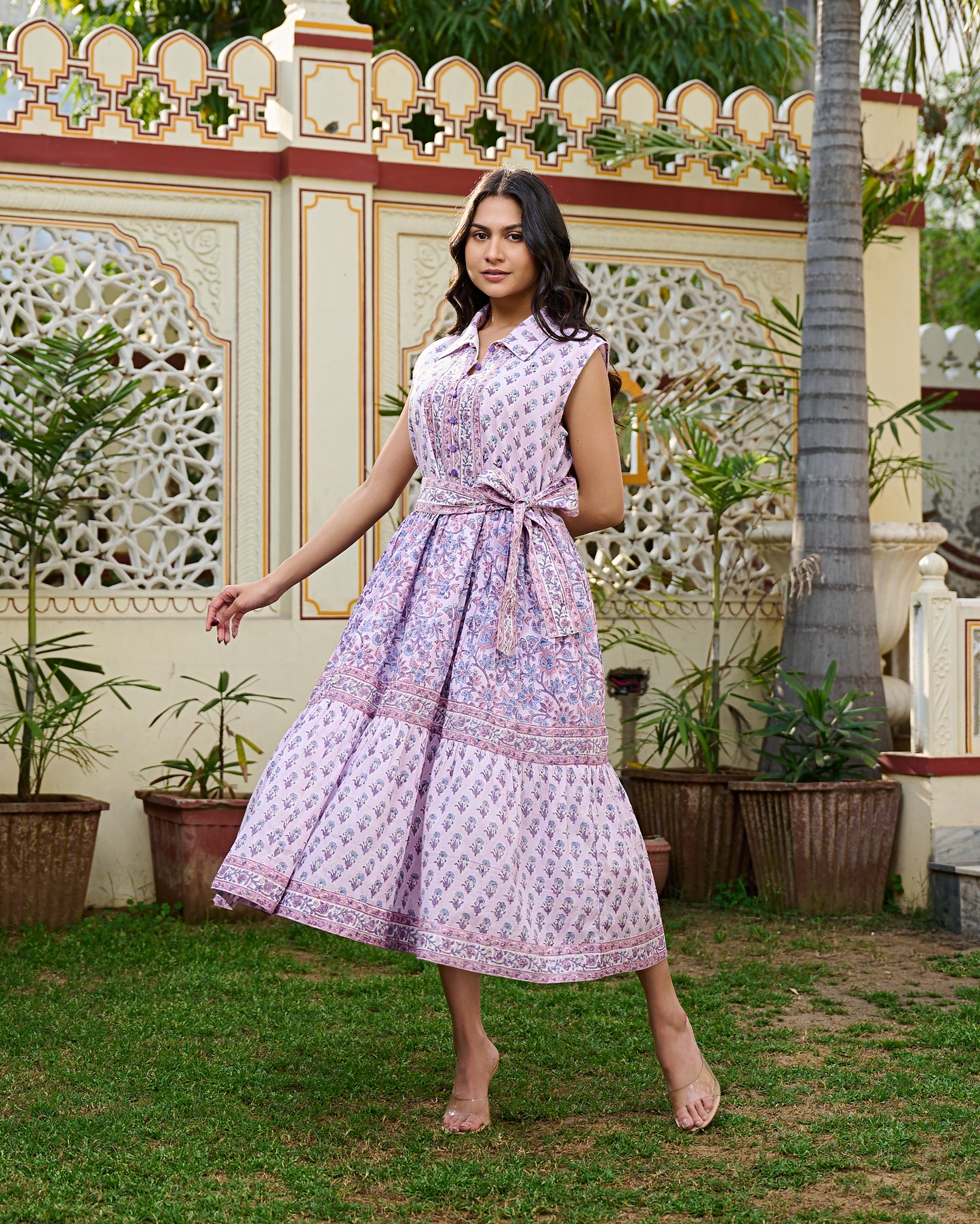 Handcrafted Cotton Midi Dress Jaipur Print | Sleeveless Collared Dress With Belt