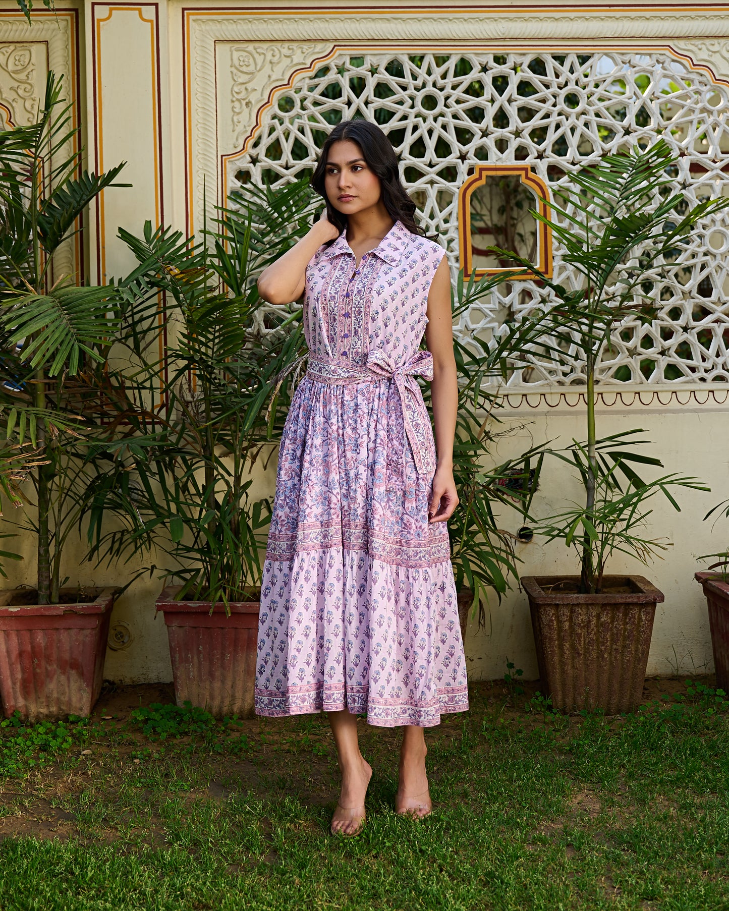 Handcrafted Cotton Midi Dress Jaipur Print | Sleeveless Collared Dress With Belt