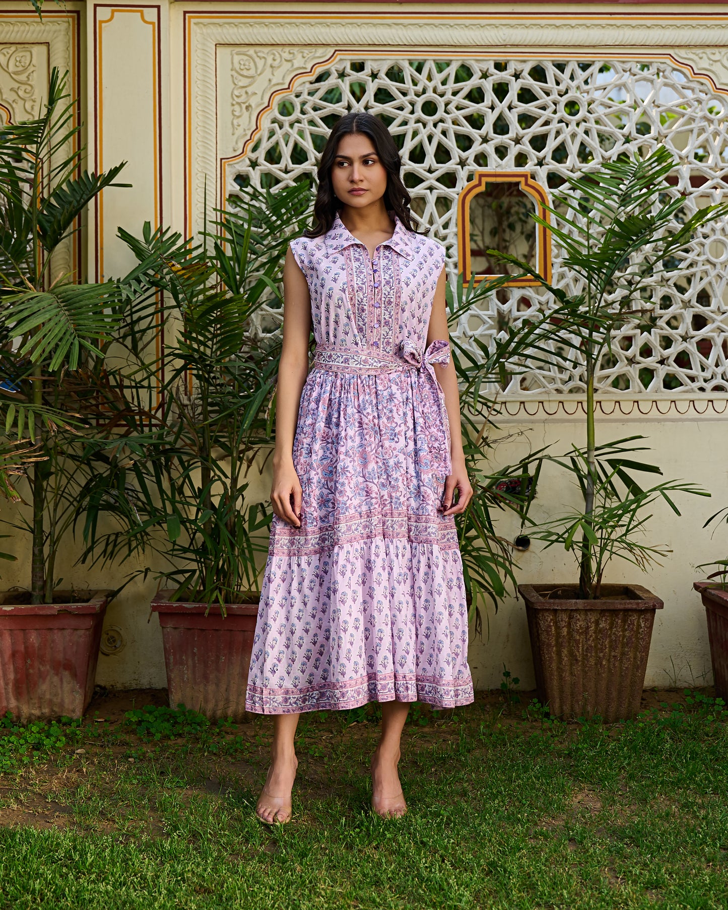 Handcrafted Cotton Midi Dress Jaipur Print | Sleeveless Collared Dress With Belt