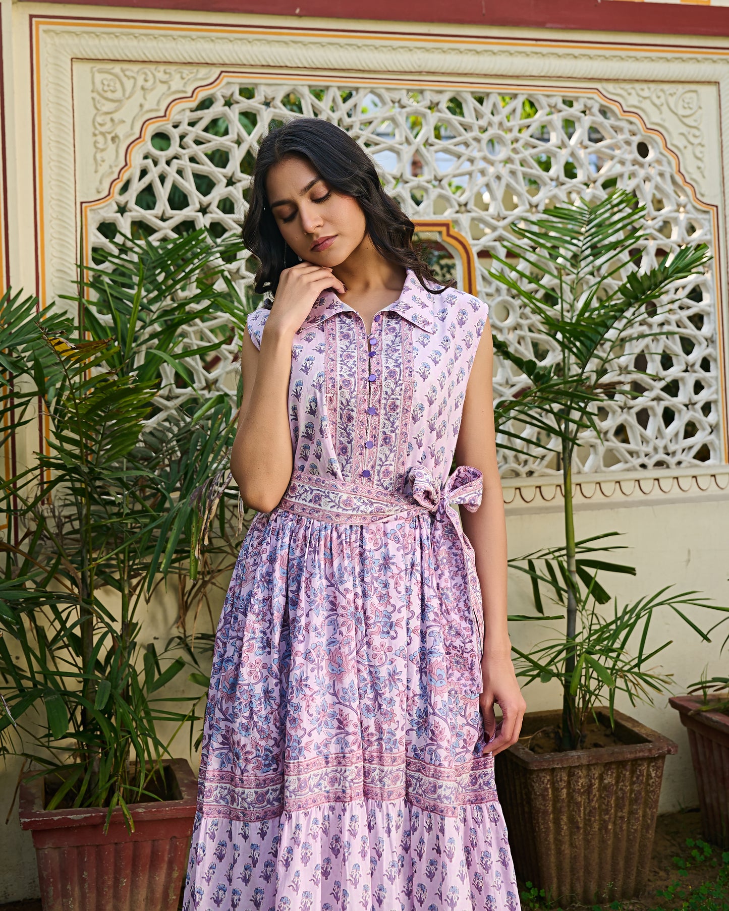 Handcrafted Cotton Midi Dress Jaipur Print | Sleeveless Collared Dress With Belt