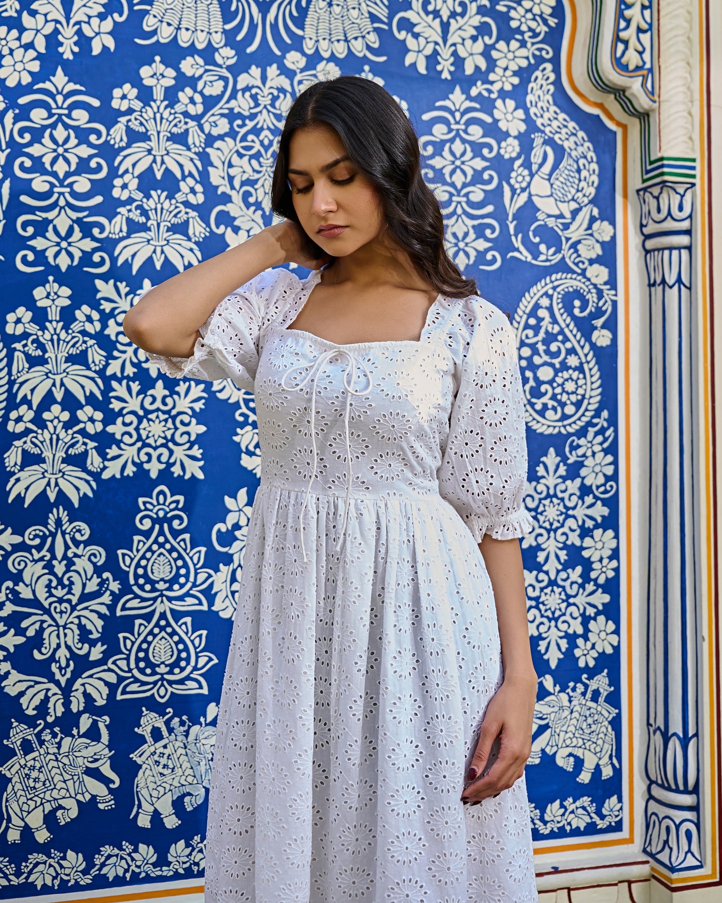 White Cotton Eyelet Midi Dress Vintage-Inspired Summer Dress
