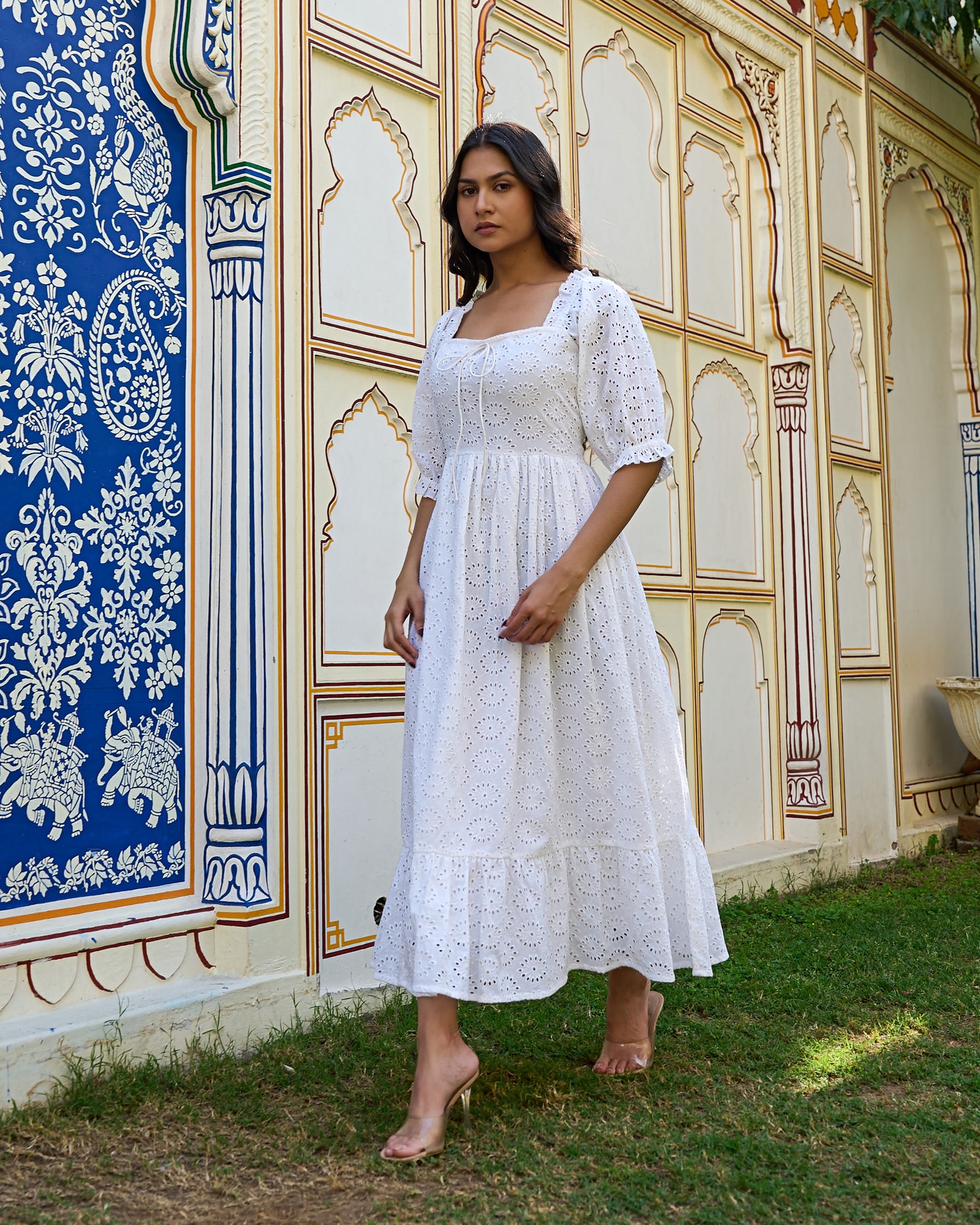 White Cotton Eyelet Midi Dress Vintage-Inspired Summer Dress