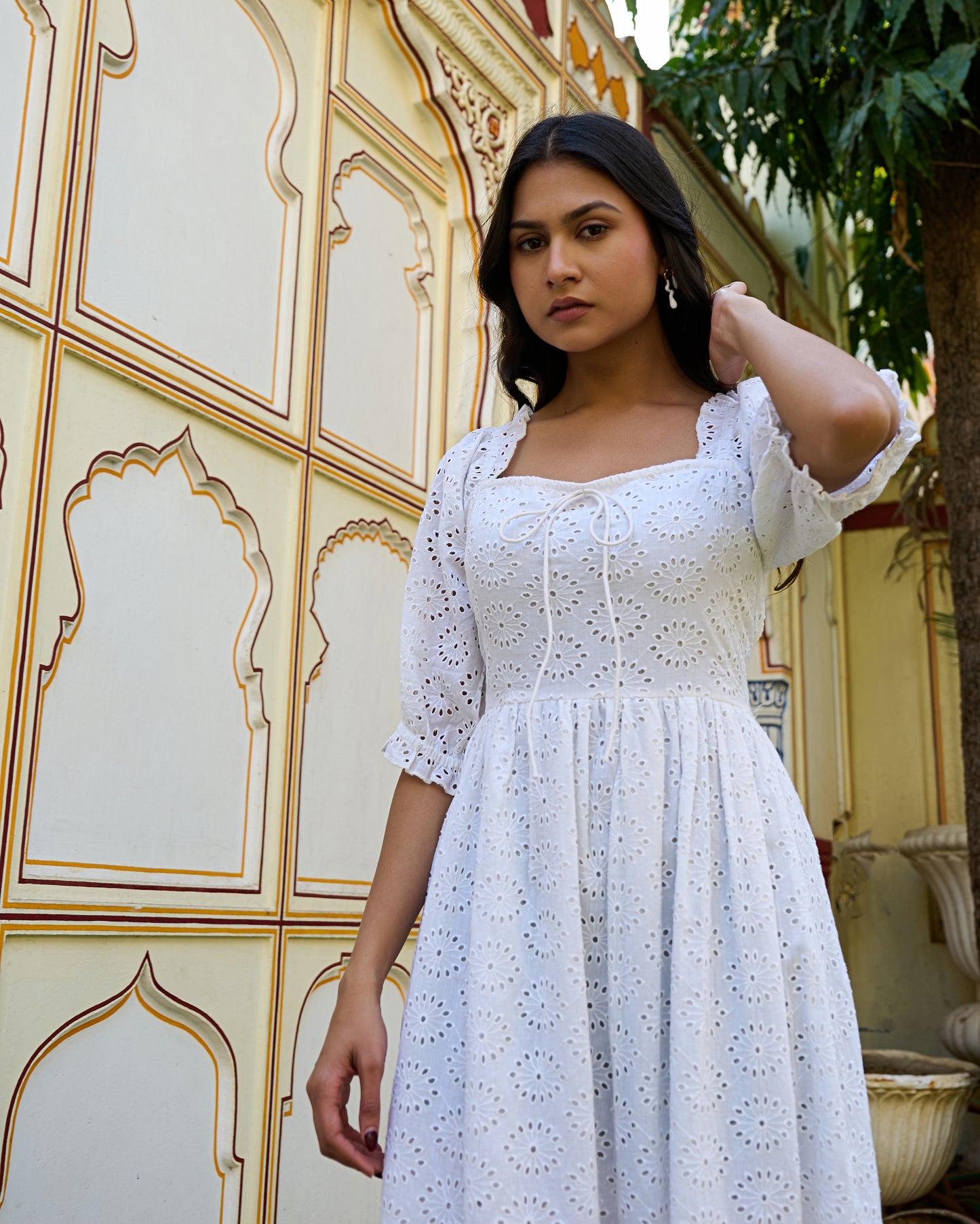 White Cotton Eyelet Midi Dress Vintage-Inspired Summer Dress