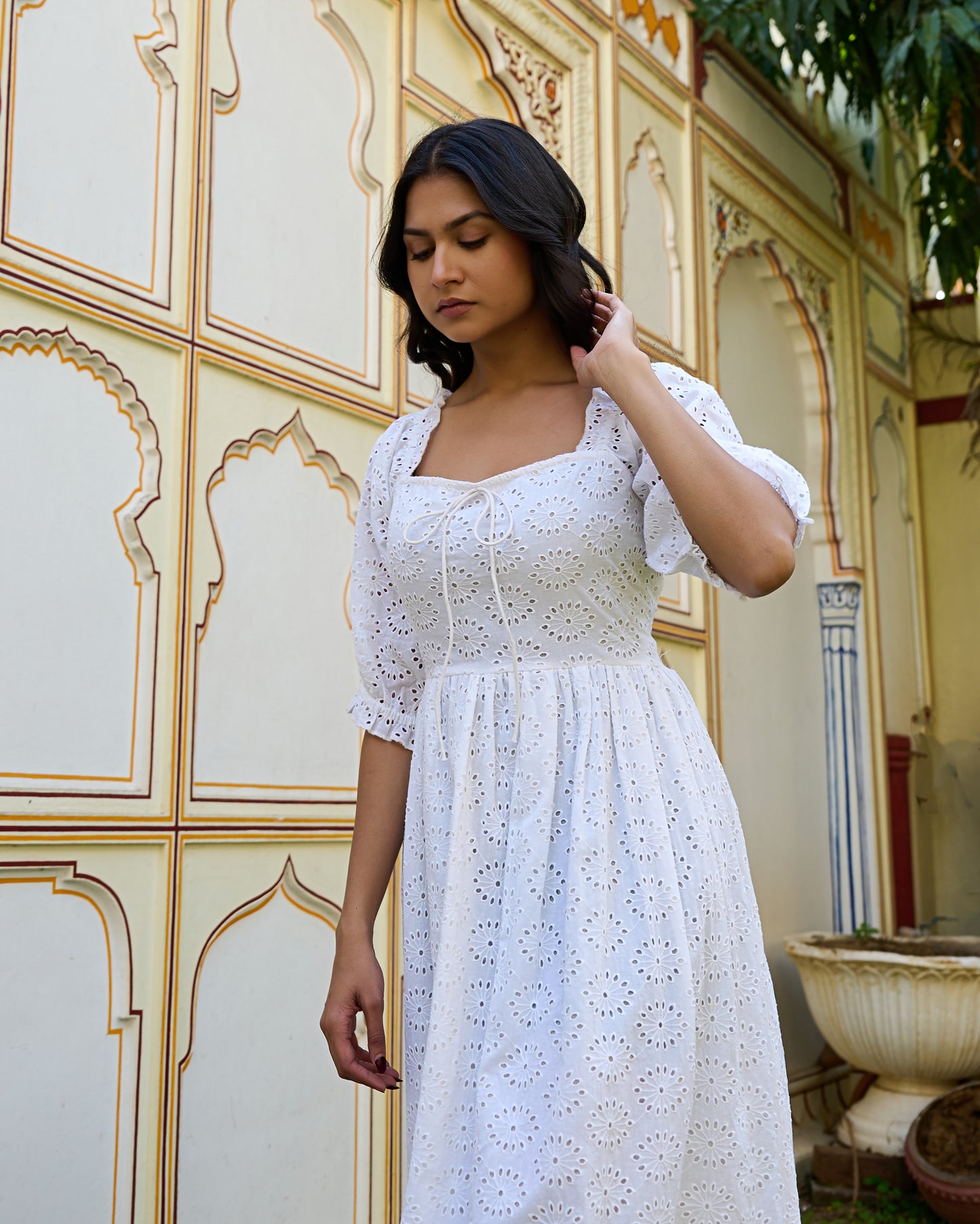 White Cotton Eyelet Midi Dress Vintage-Inspired Summer Dress