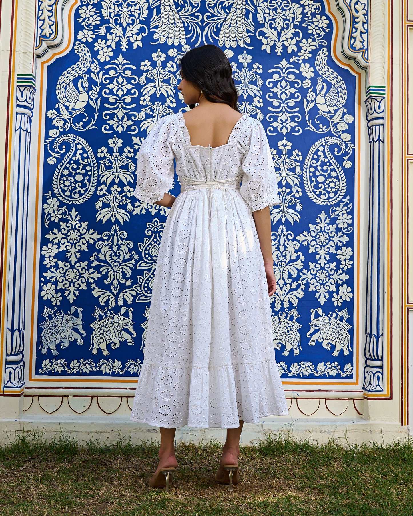 White Cotton Eyelet Midi Dress Vintage-Inspired Summer Dress