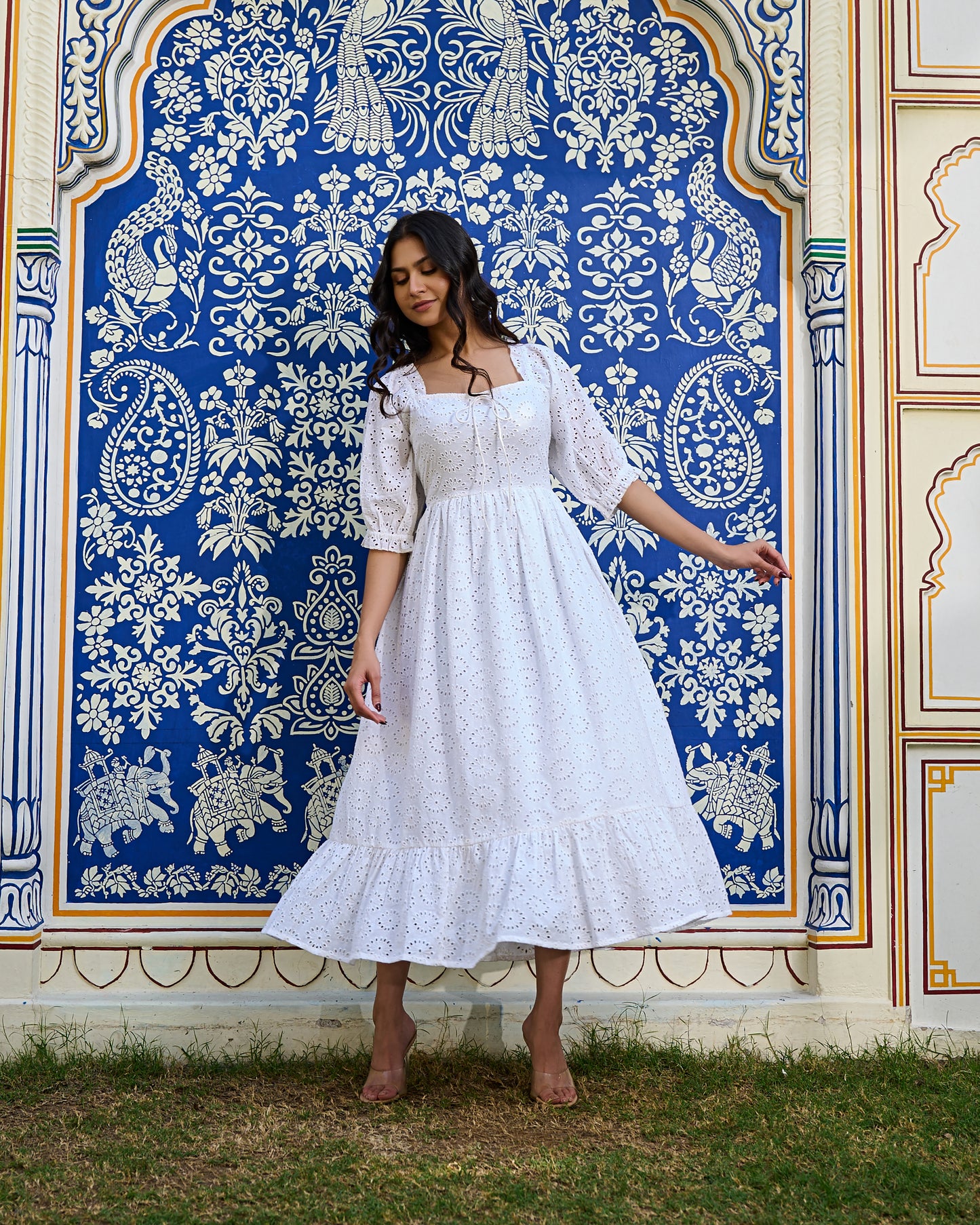 White Cotton Eyelet Midi Dress Vintage-Inspired Summer Dress