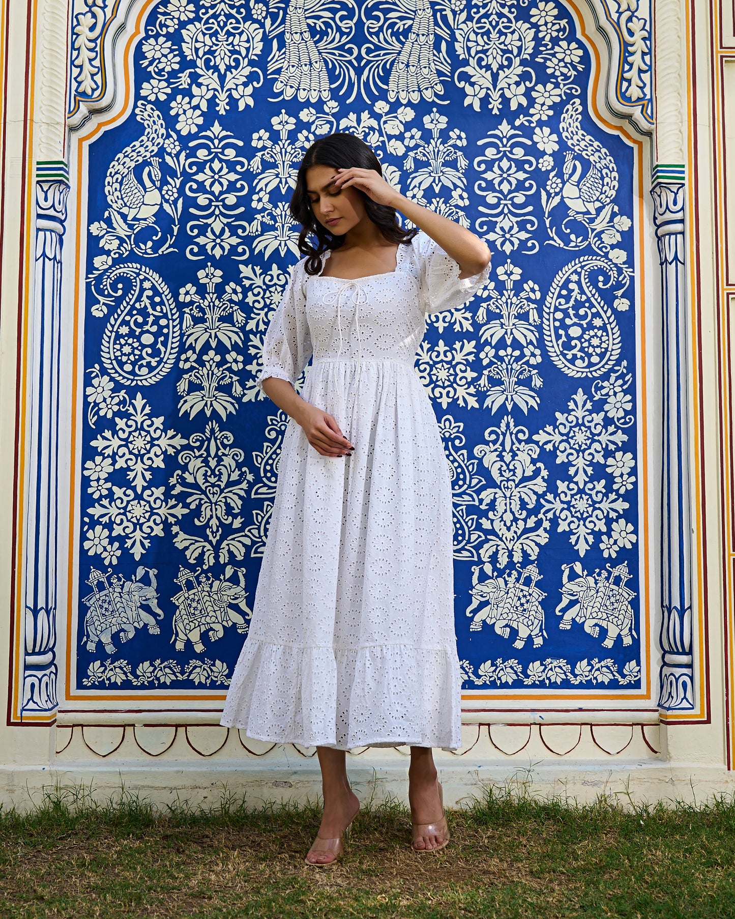 White Cotton Eyelet Midi Dress Vintage-Inspired Summer Dress