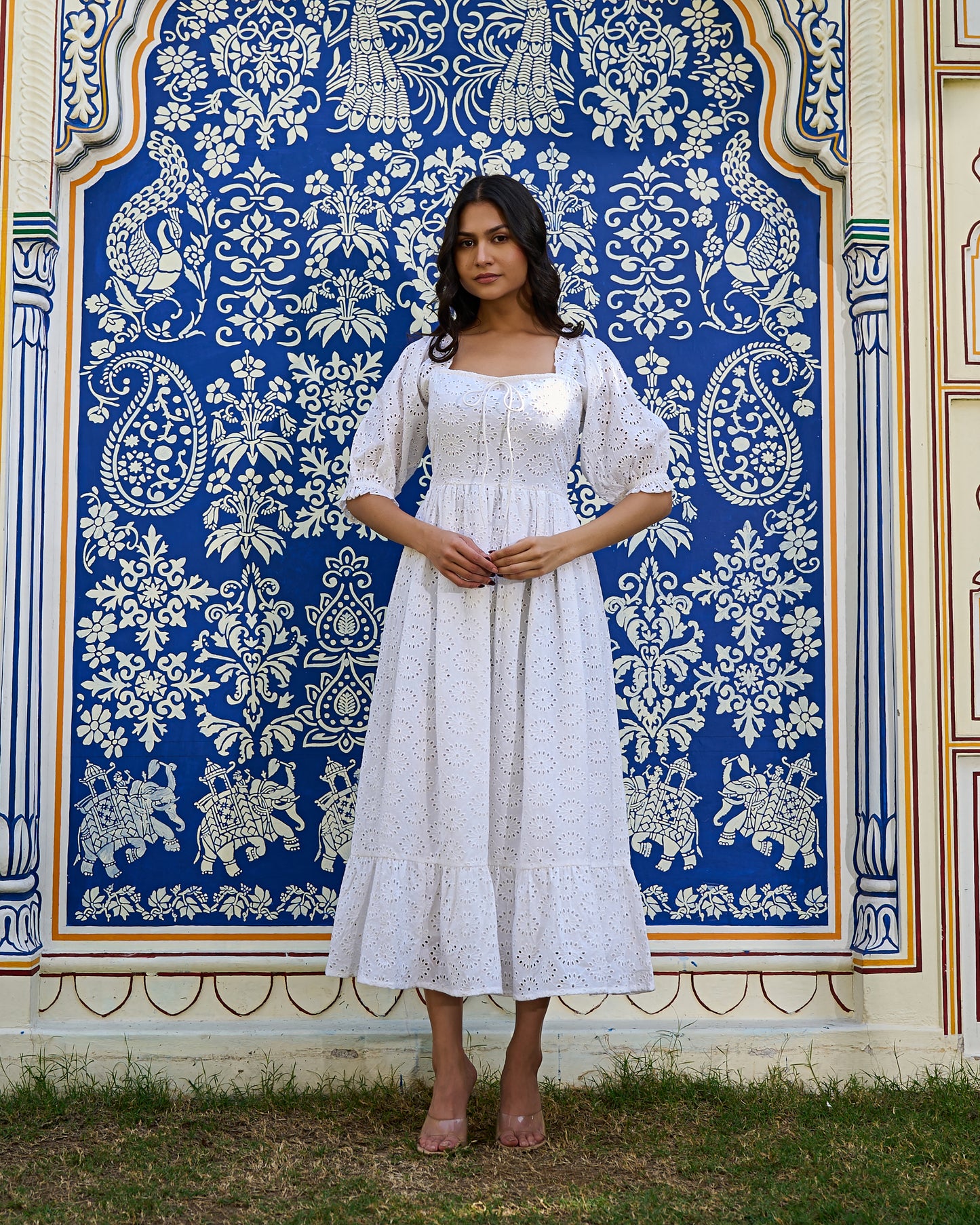 White Cotton Eyelet Midi Dress Vintage-Inspired Summer Dress