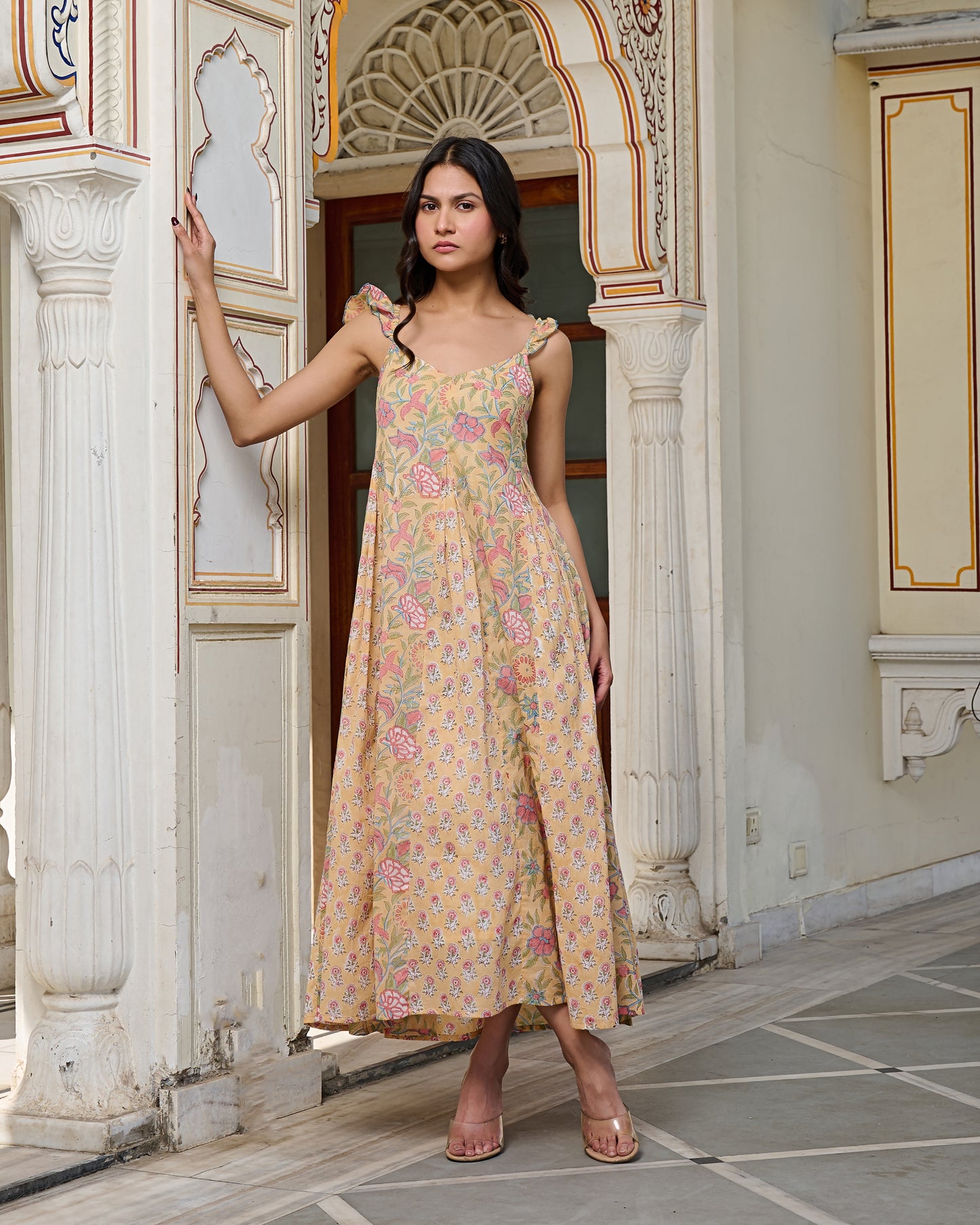 Yellow Floral Print with Tie Straps Hand Block Printed Cotton Midi Dress