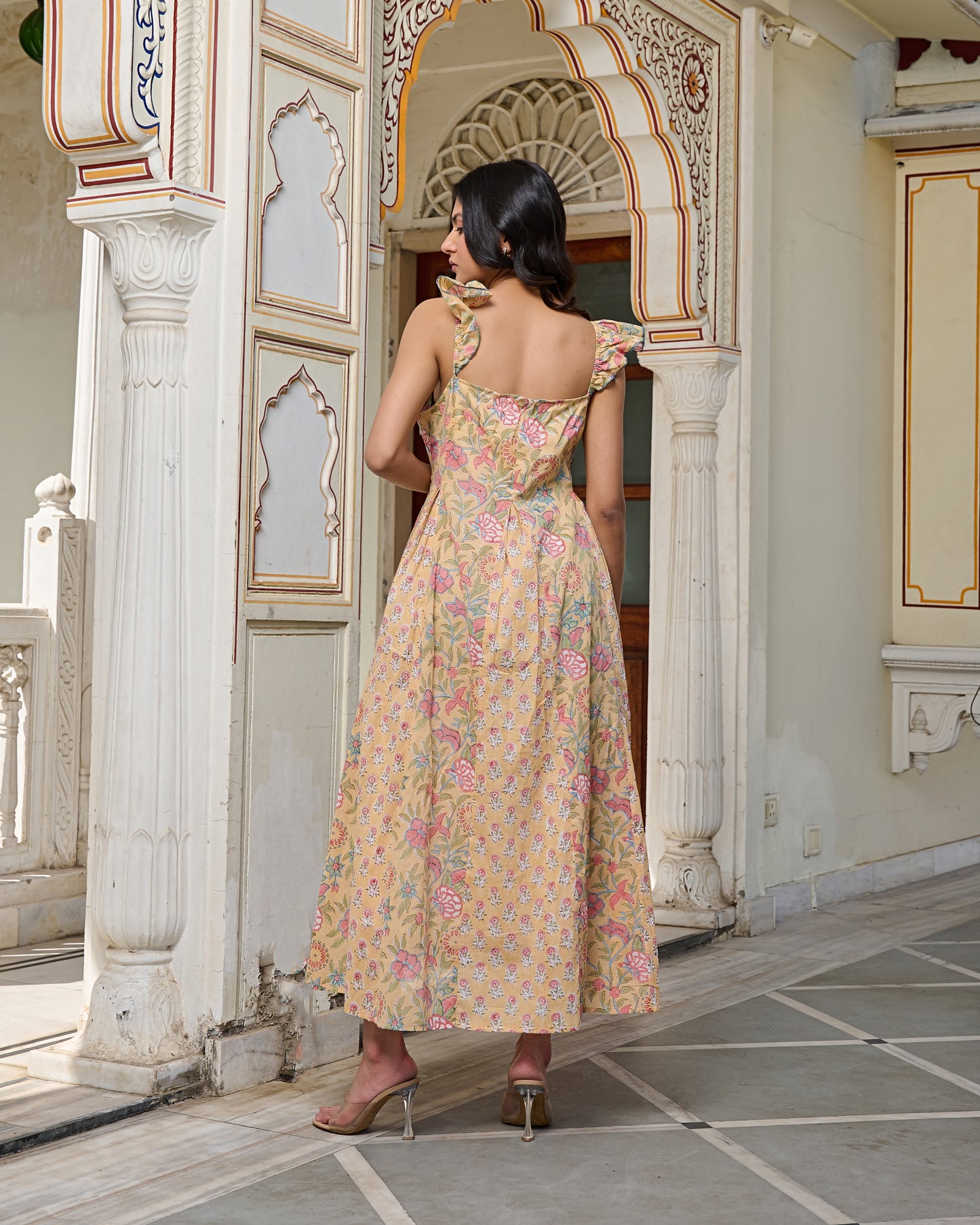 Yellow Floral Print with Tie Straps Hand Block Printed Cotton Midi Dress