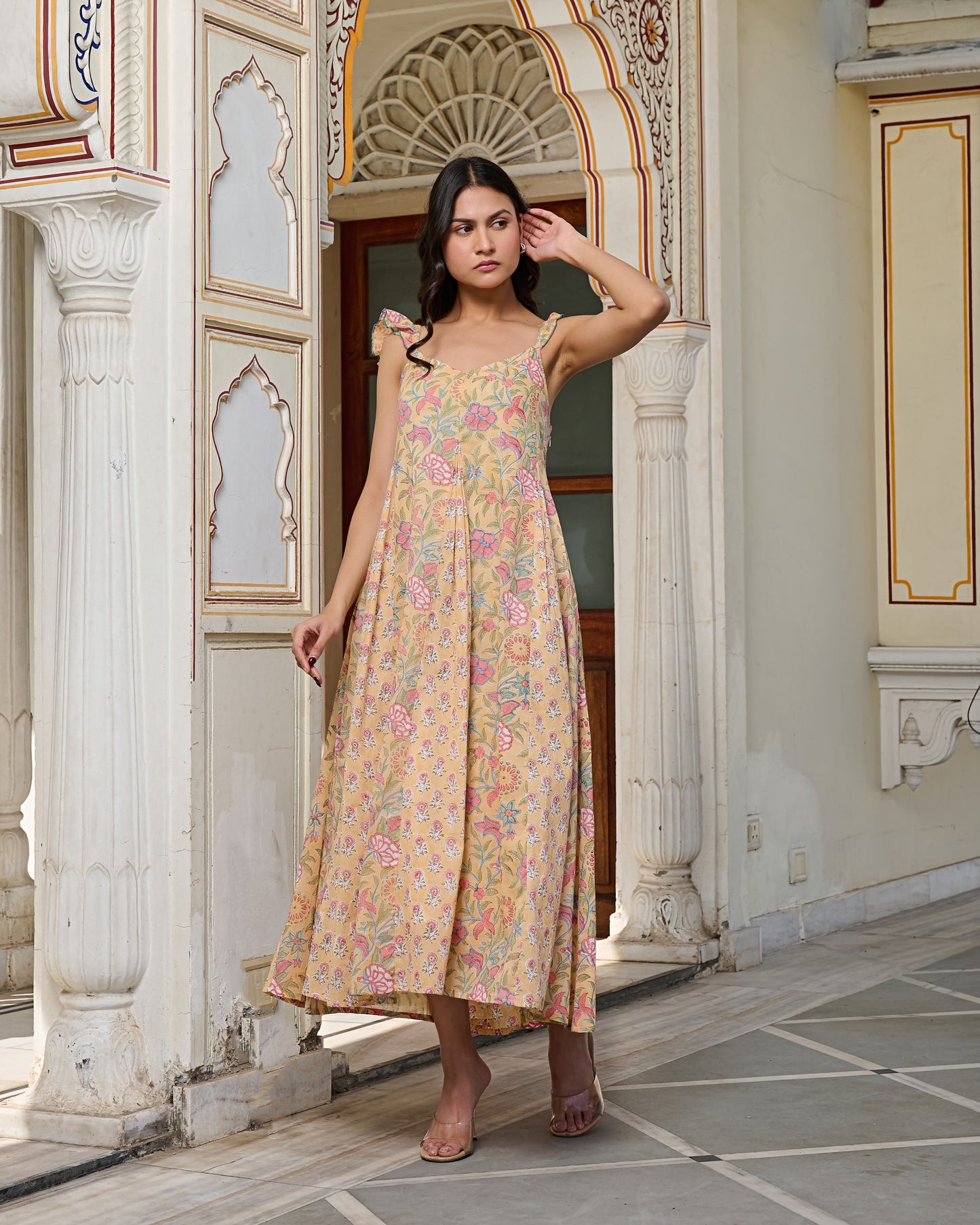 Yellow Floral Print with Tie Straps Hand Block Printed Cotton Midi Dress