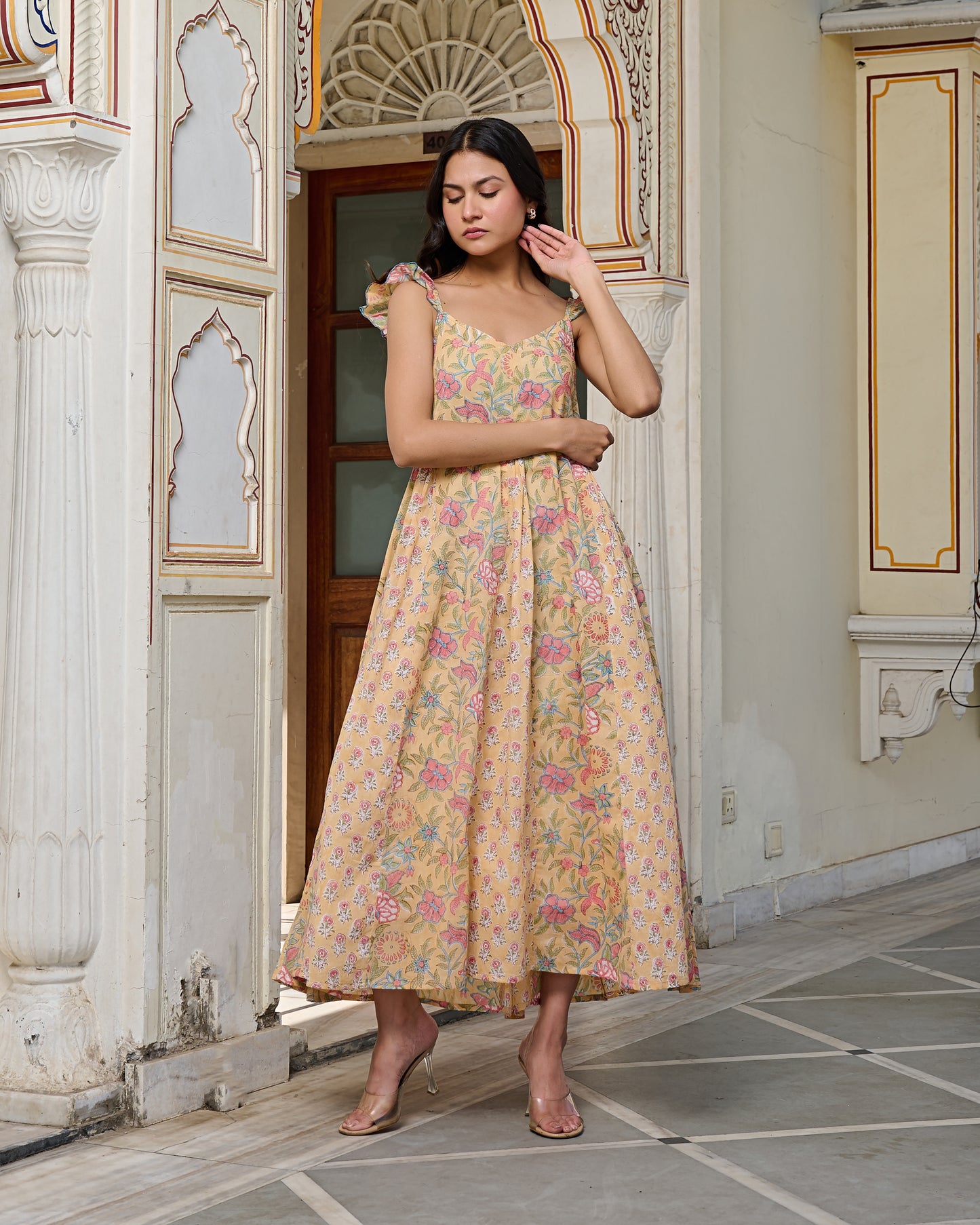 Yellow Floral Print with Tie Straps Hand Block Printed Cotton Midi Dress
