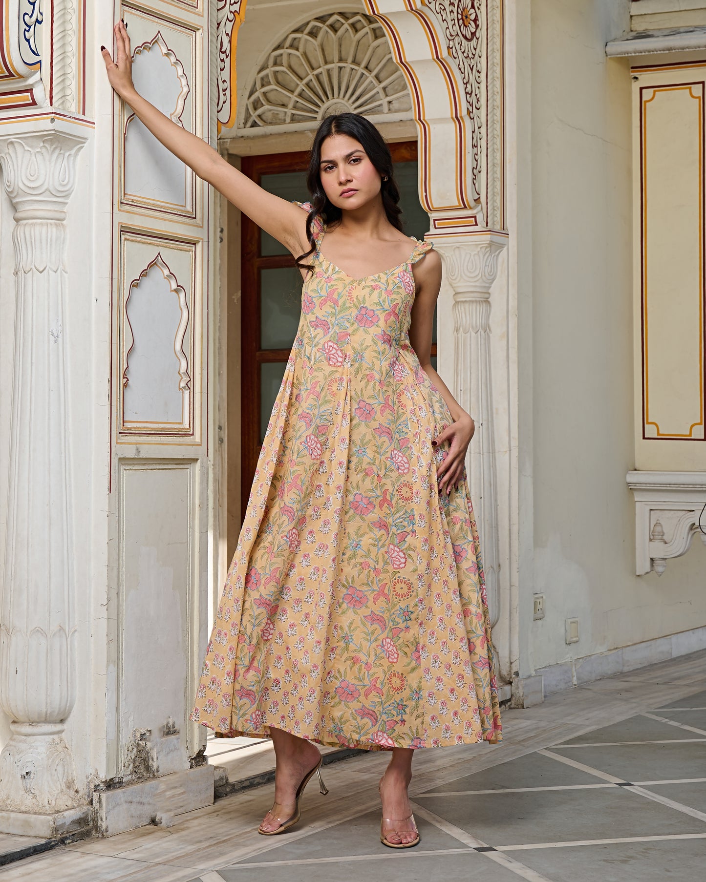 Yellow Floral Print with Tie Straps Hand Block Printed Cotton Midi Dress