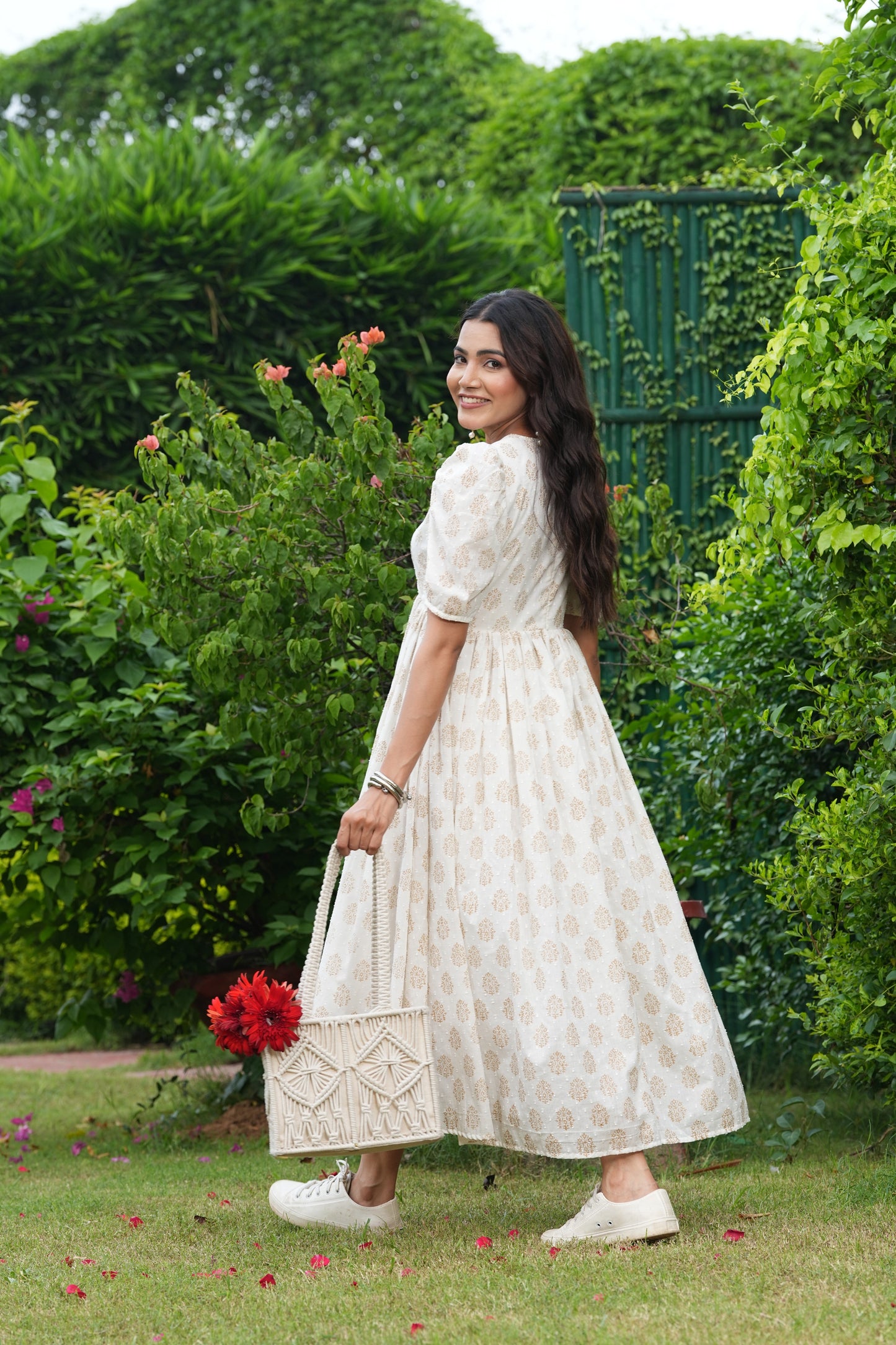 Elegant White Hand Block Printed Cotton Midi Dress โ Puff Sleeves & V-Neck
