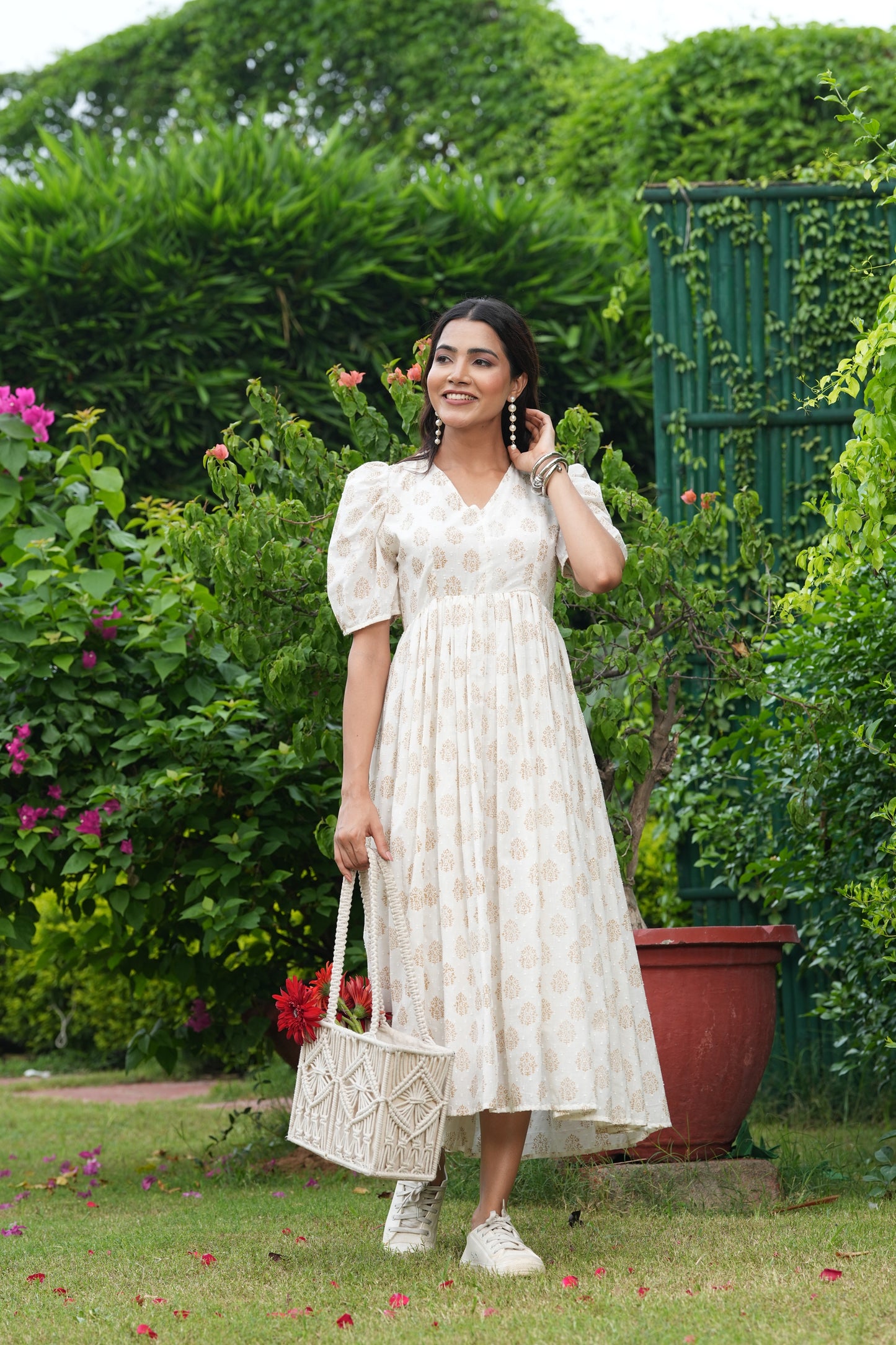 Elegant White Hand Block Printed Cotton Midi Dress โ Puff Sleeves & V-Neck
