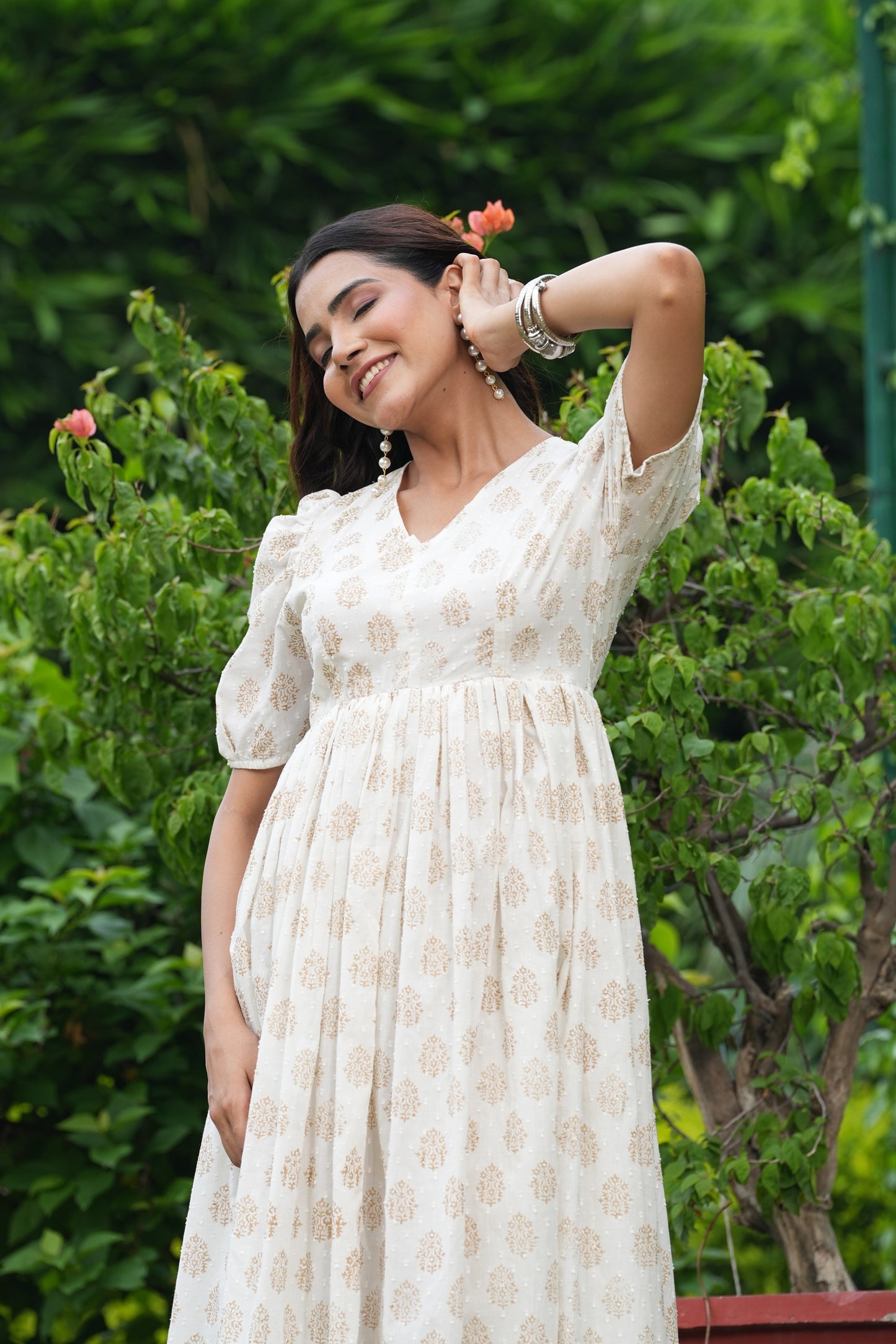 Elegant White Hand Block Printed Cotton Midi Dress โ Puff Sleeves & V-Neck