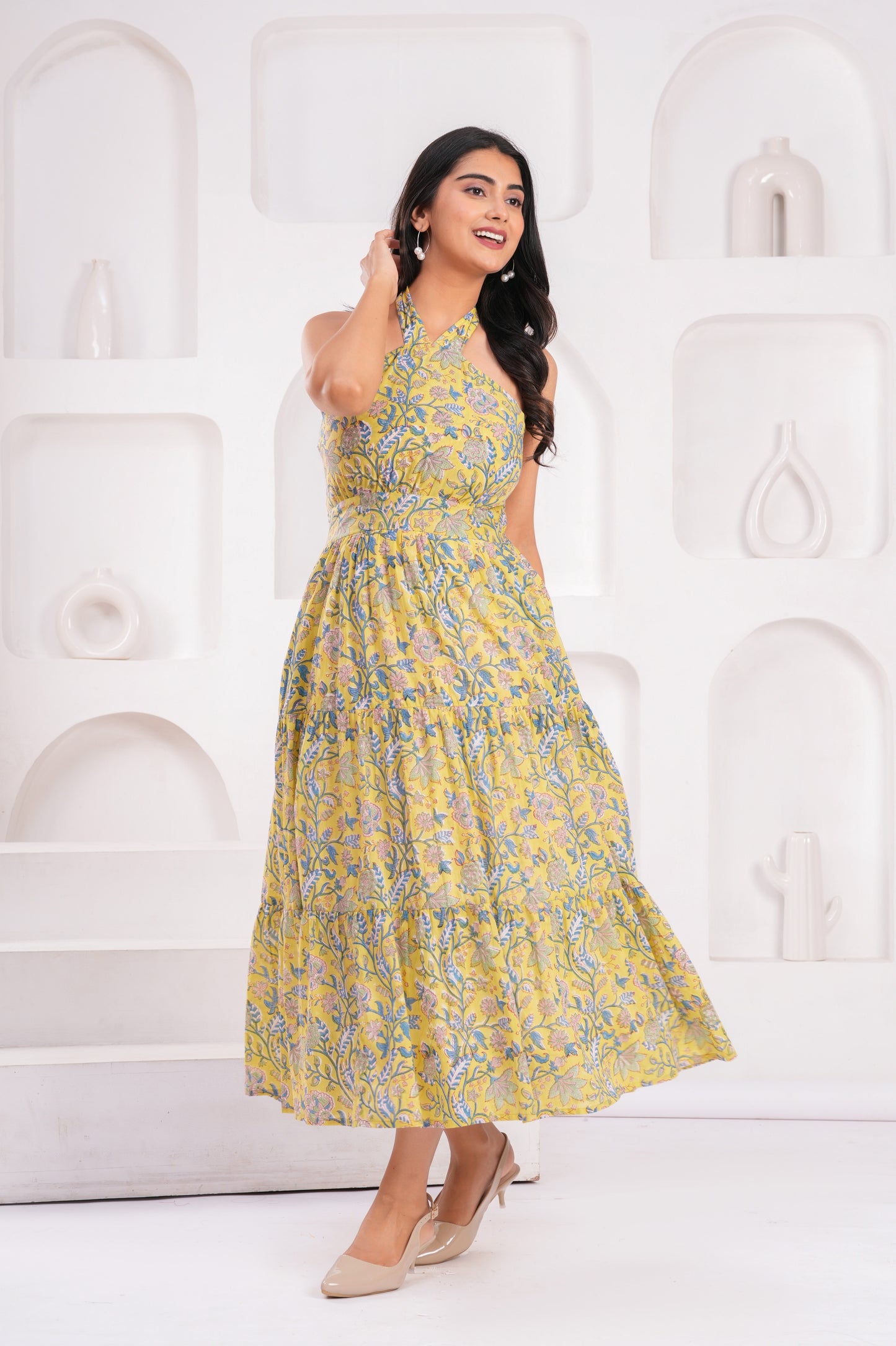 Yellow Floral Halter Neck Midi Dress – Cotton with Back Tie & Smocked Fit