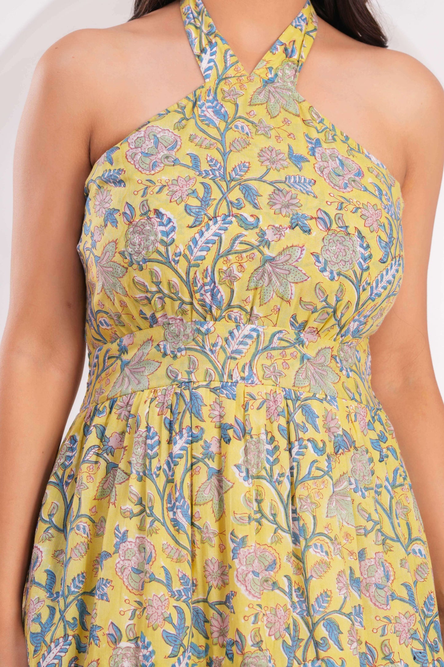 Yellow Floral Halter Neck Midi Dress – Cotton with Back Tie & Smocked Fit