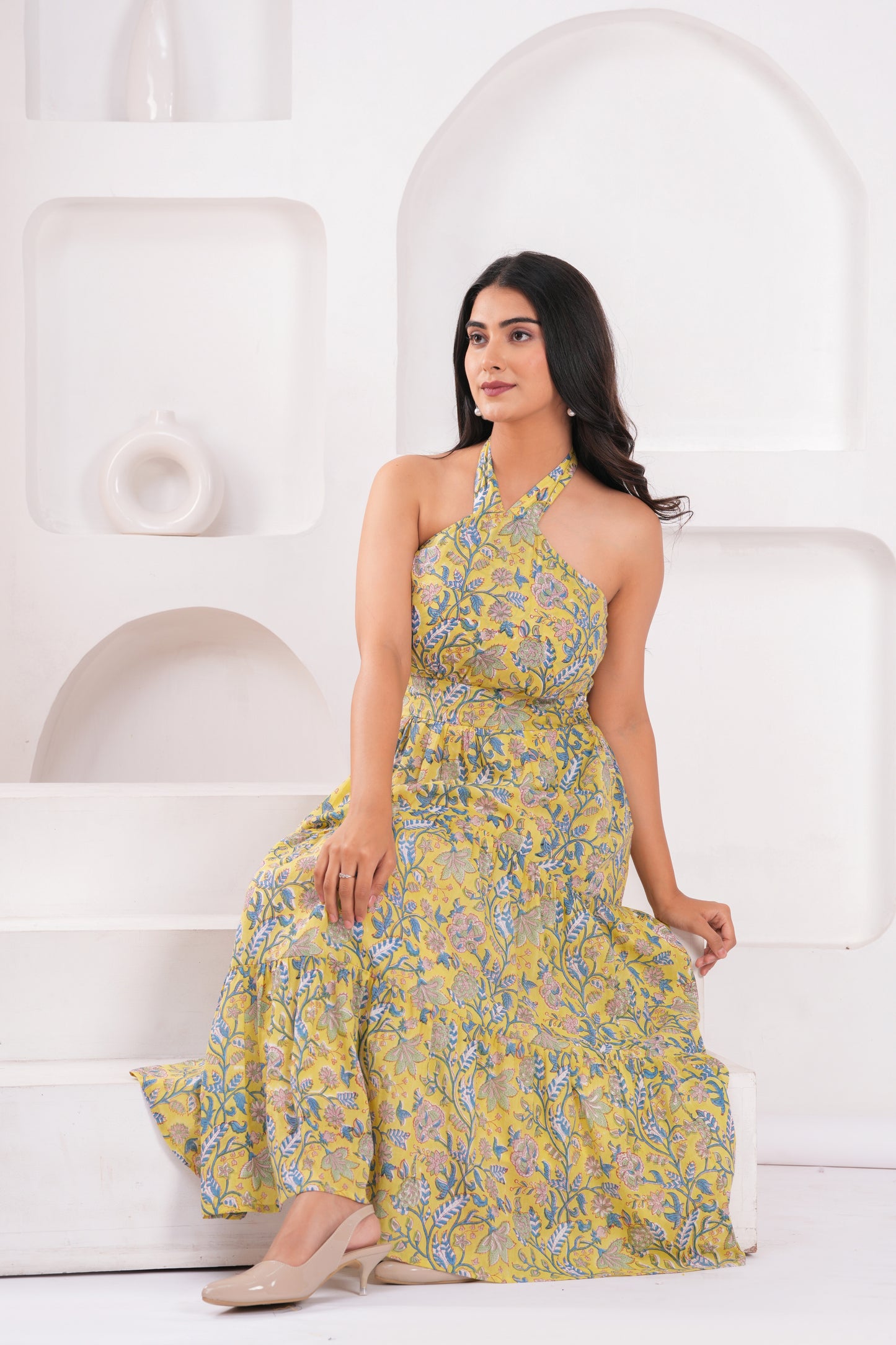 Yellow Floral Halter Neck Midi Dress – Cotton with Back Tie & Smocked Fit