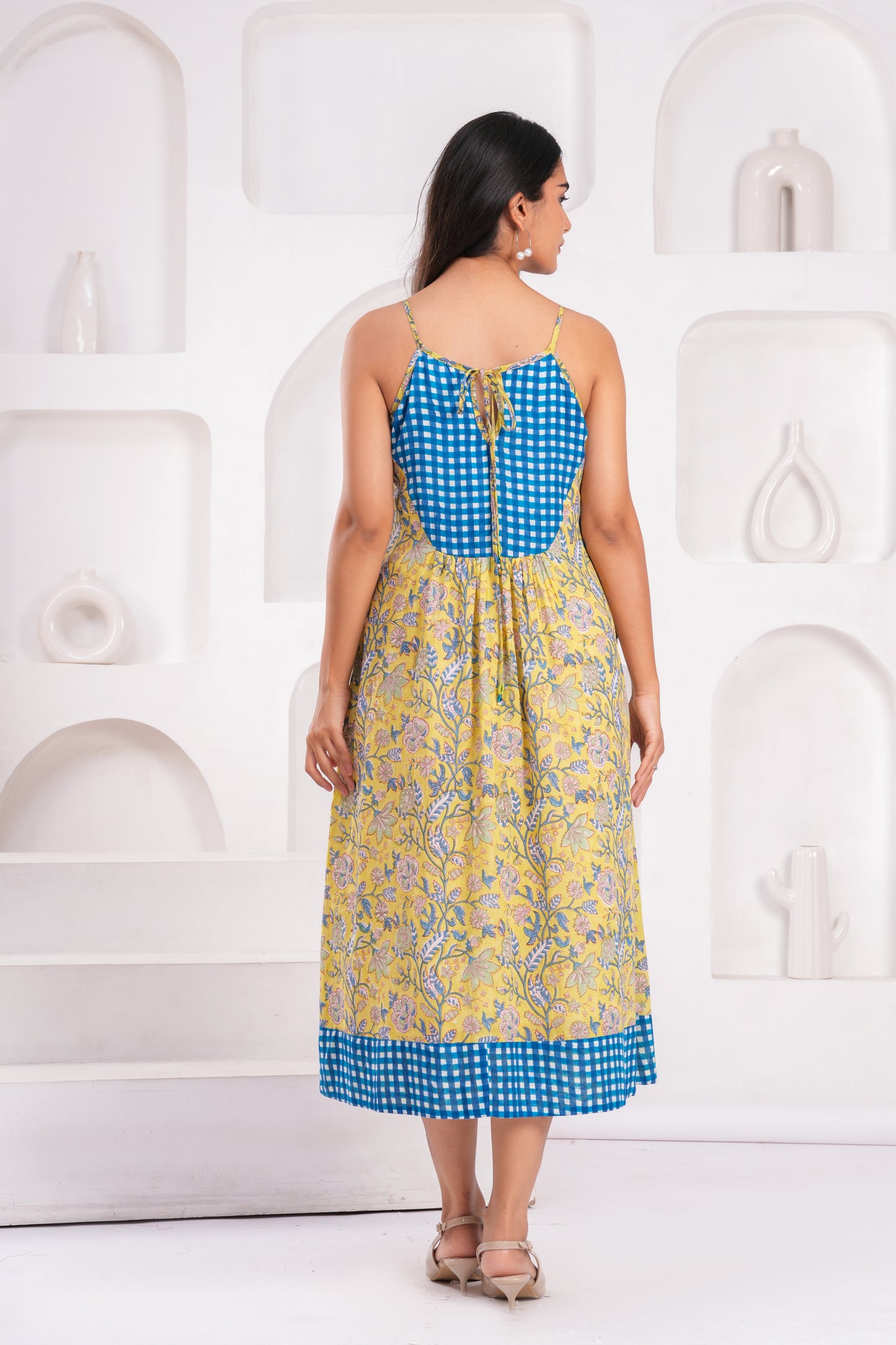 Women's Yellow Floral Cotton Midi Dress with Spaghetti Straps & Blue Gingham Yoke Detailing