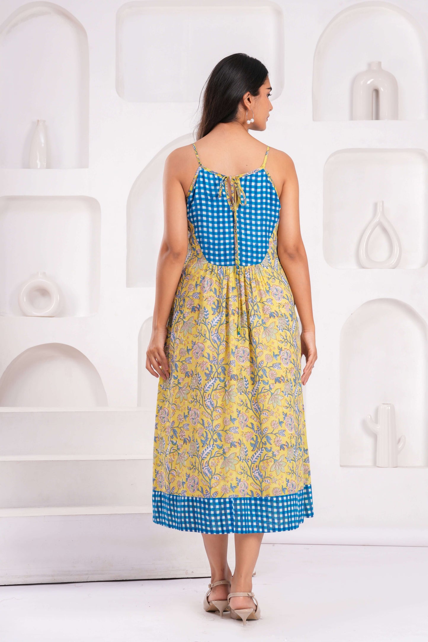Women's Yellow Floral Cotton Midi Dress with Spaghetti Straps & Blue Gingham Yoke Detailing
