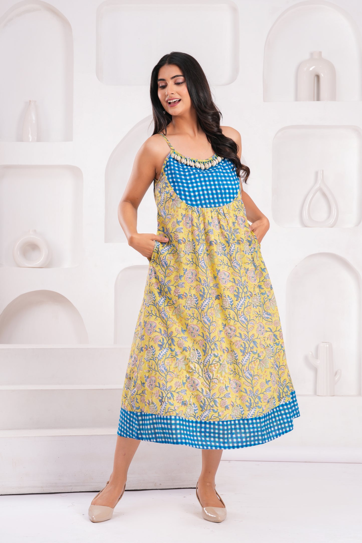 Women's Yellow Floral Cotton Midi Dress with Spaghetti Straps & Blue Gingham Yoke Detailing