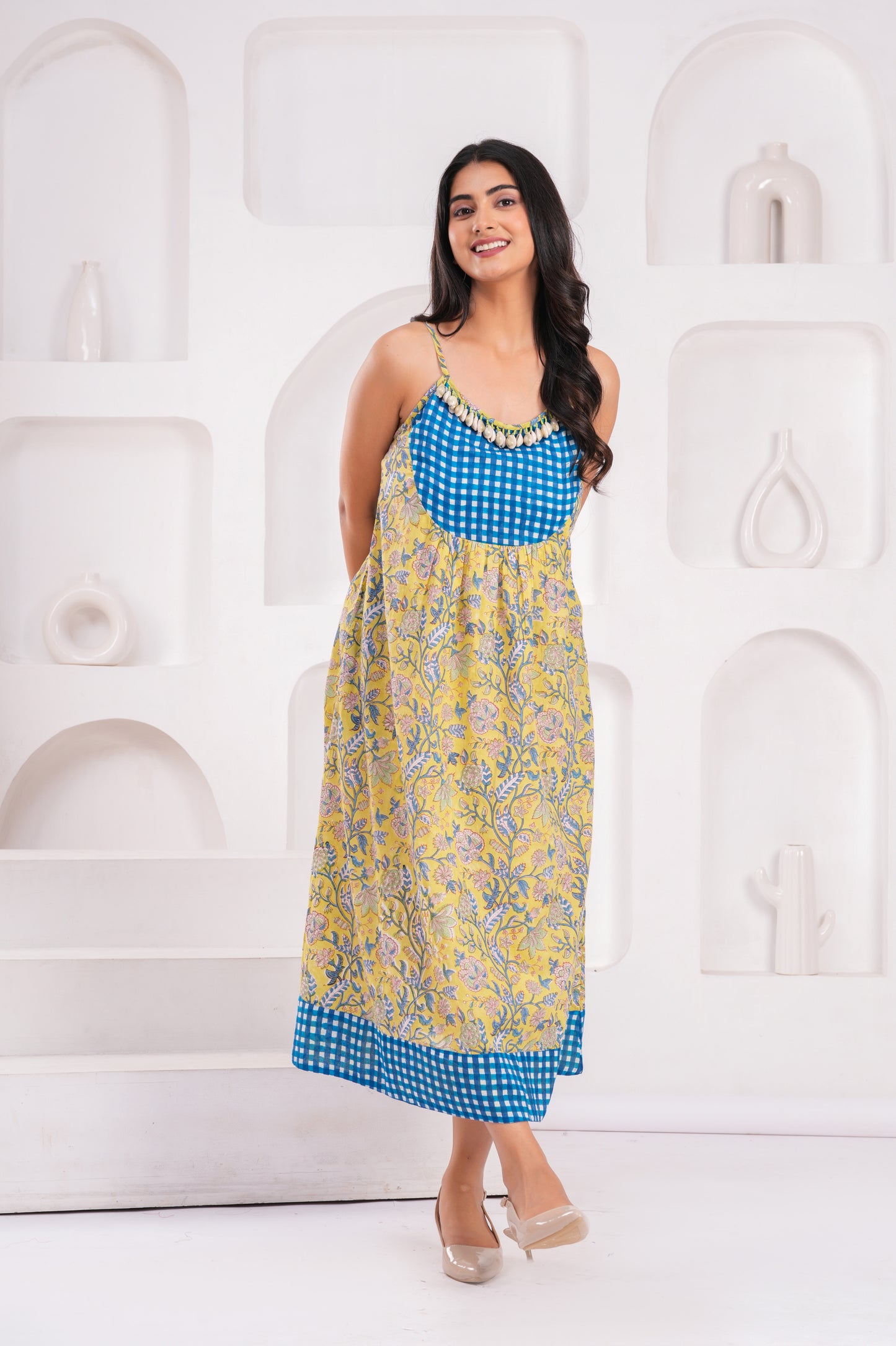 Women's Yellow Floral Cotton Midi Dress with Spaghetti Straps & Blue Gingham Yoke Detailing