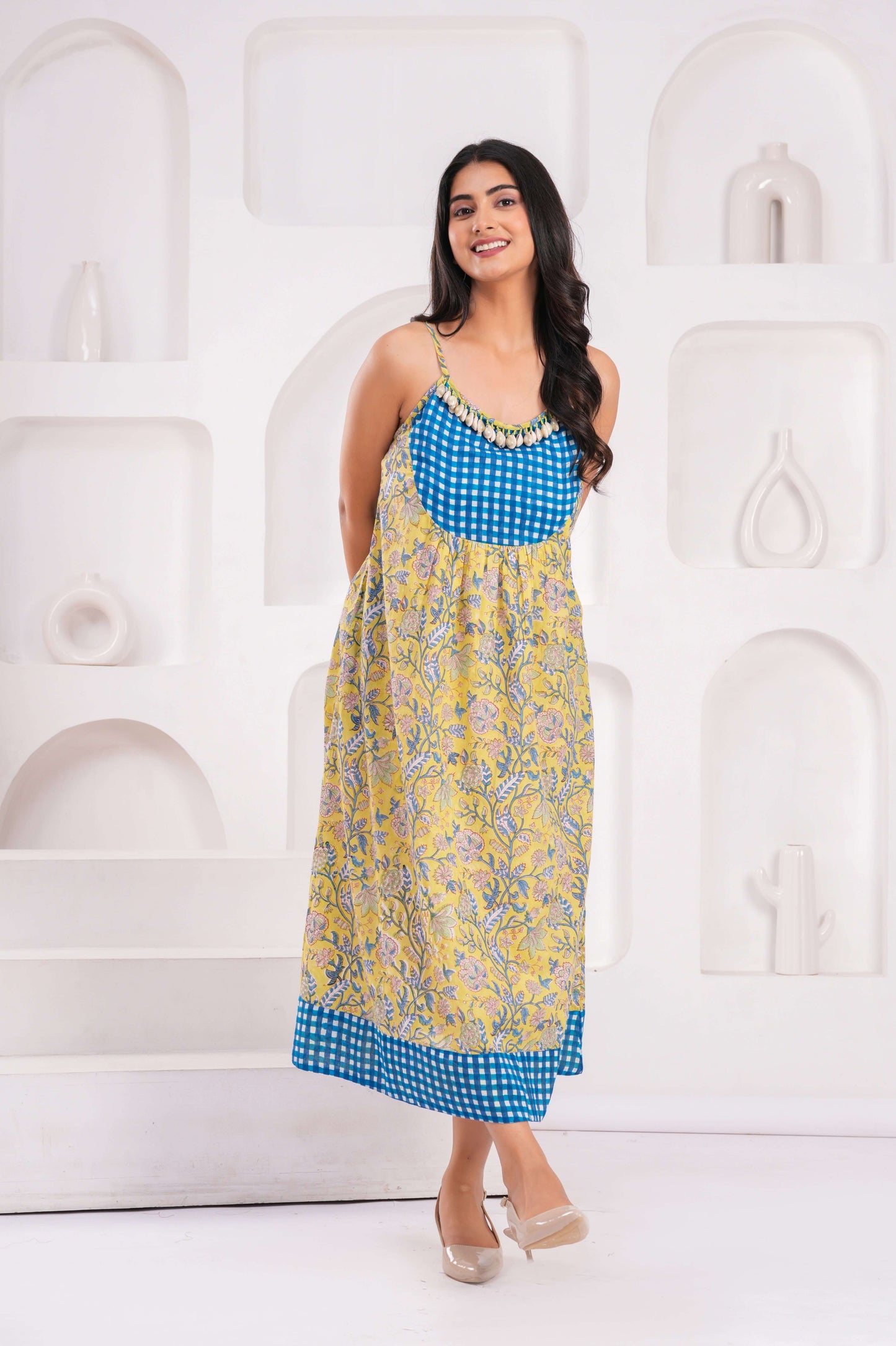 Women's Yellow Floral Cotton Midi Dress with Spaghetti Straps & Blue Gingham Yoke Detailing