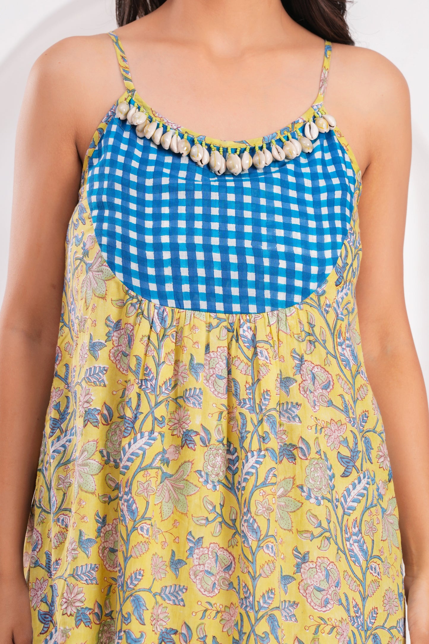 Women's Yellow Floral Cotton Midi Dress with Spaghetti Straps & Blue Gingham Yoke Detailing