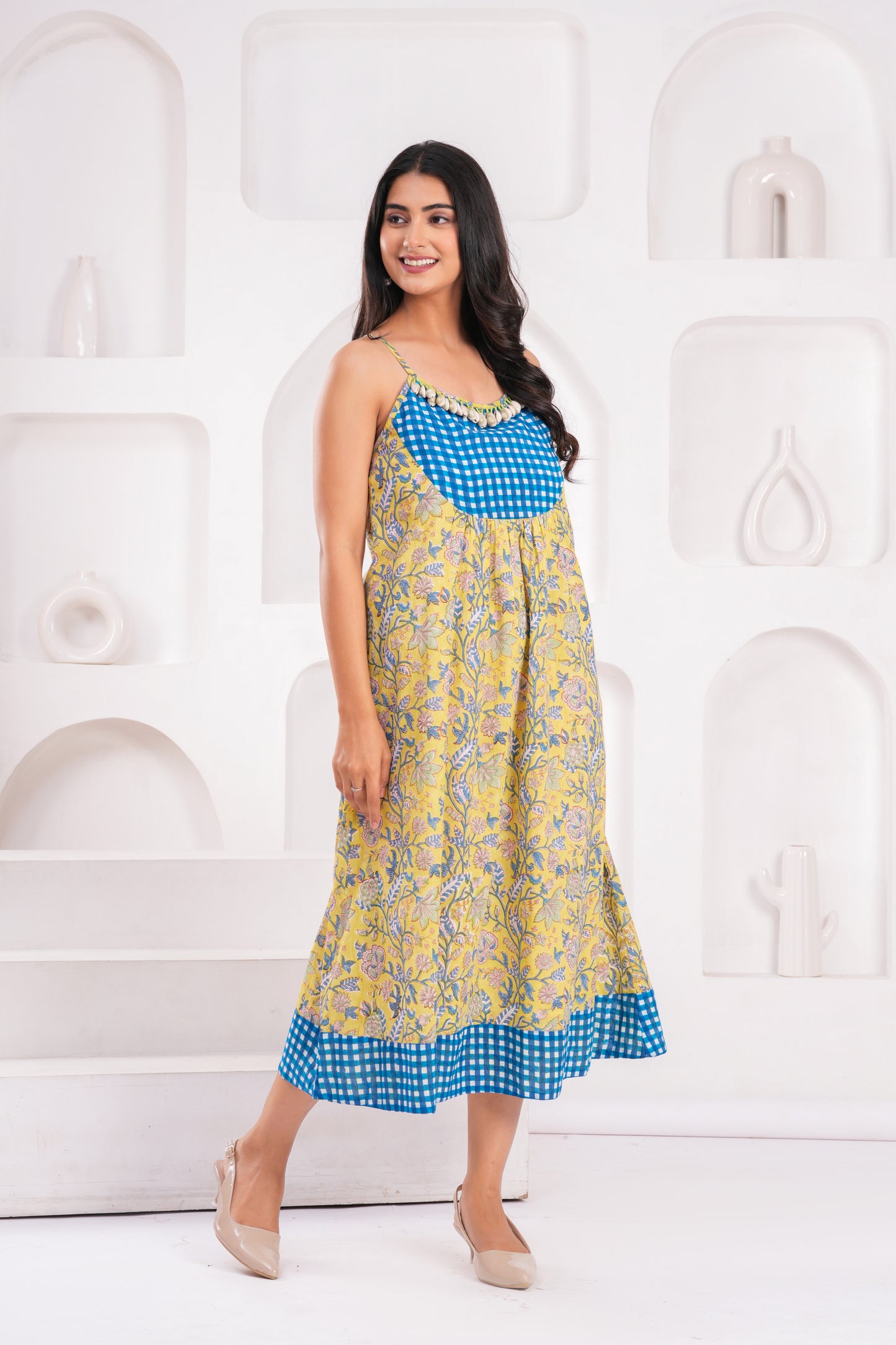 Women's Yellow Floral Cotton Midi Dress with Spaghetti Straps & Blue Gingham Yoke Detailing