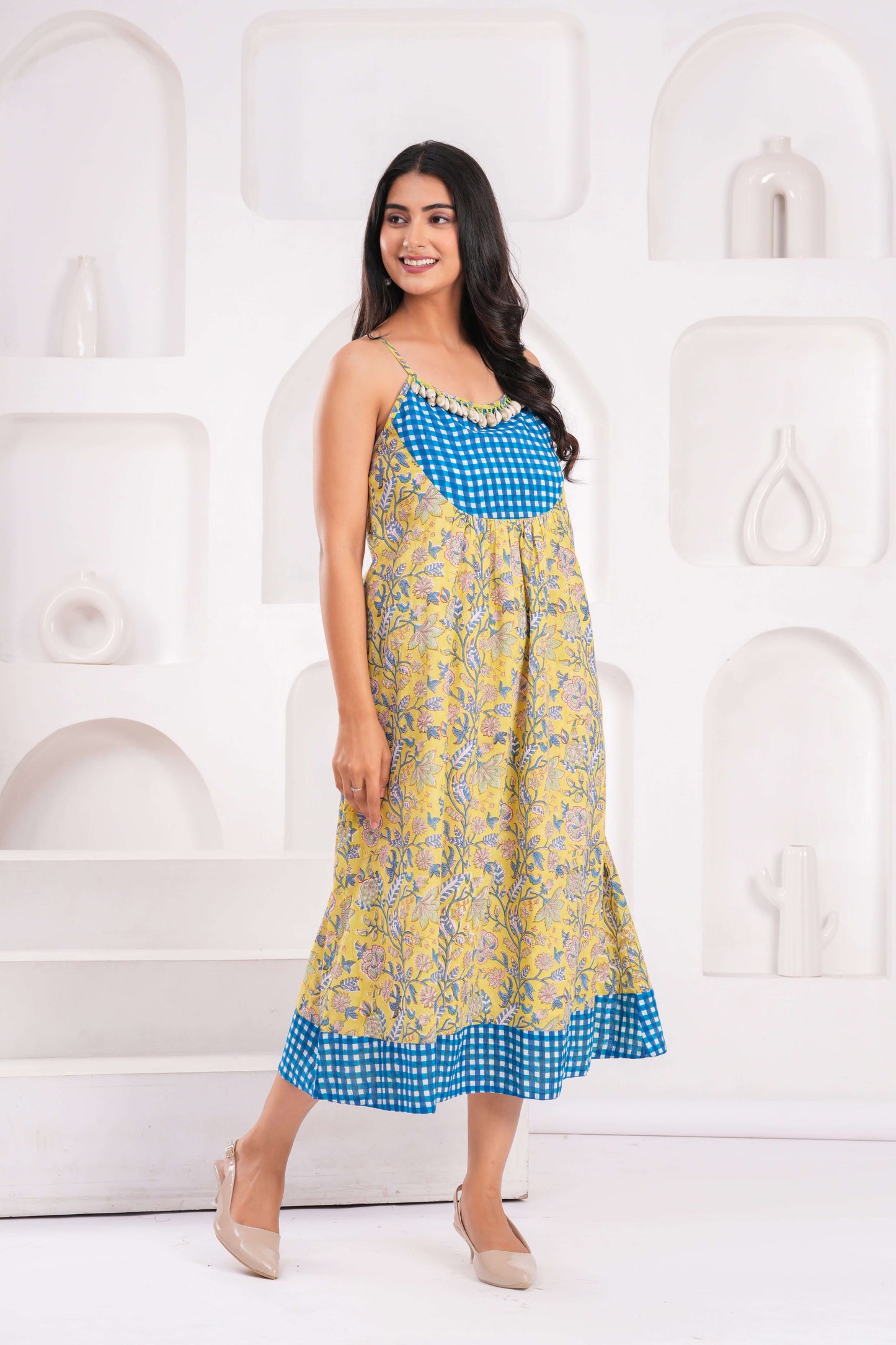 Women's Yellow Floral Cotton Midi Dress with Spaghetti Straps & Blue Gingham Yoke Detailing