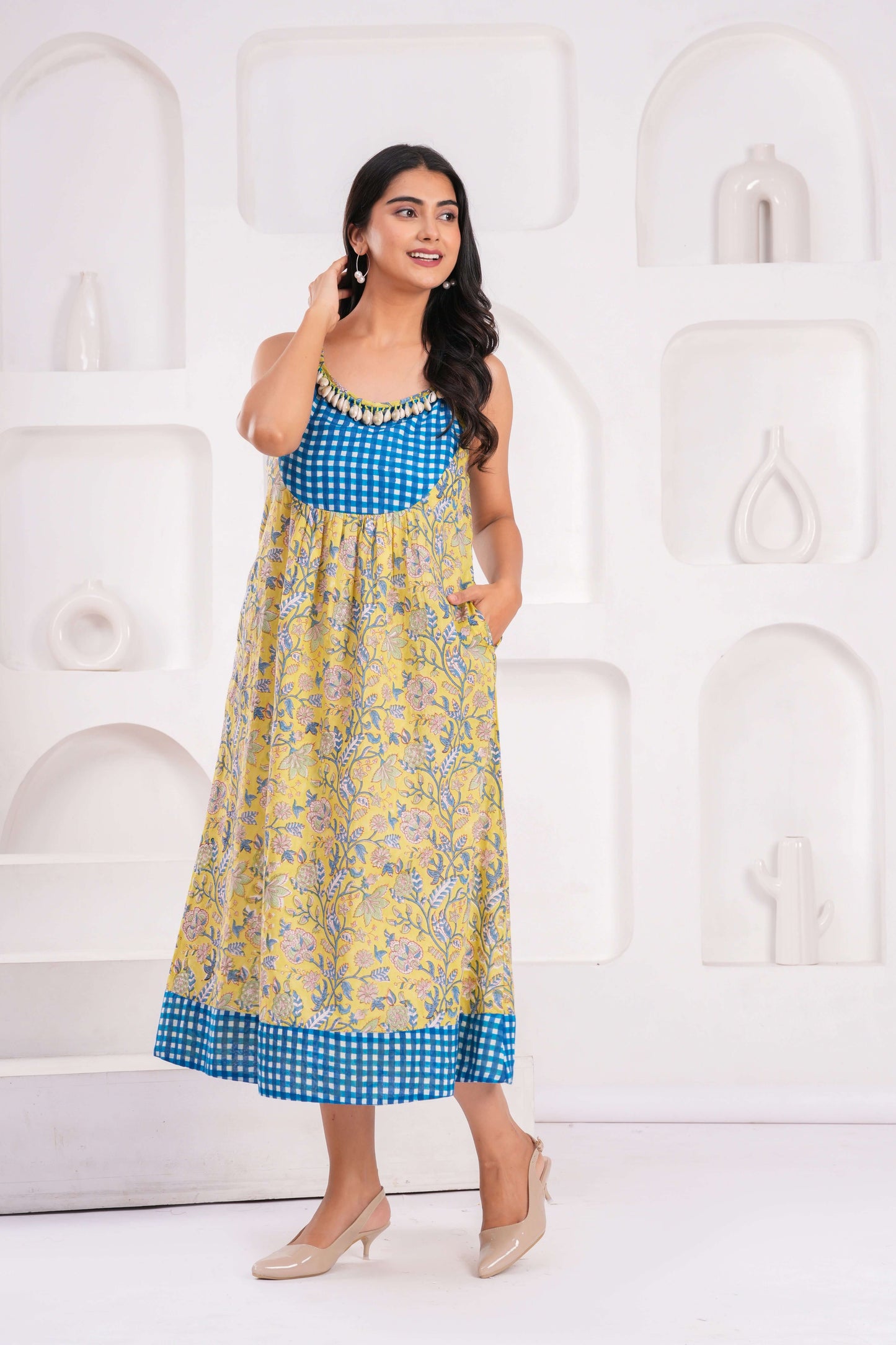 Women's Yellow Floral Cotton Midi Dress with Spaghetti Straps & Blue Gingham Yoke Detailing