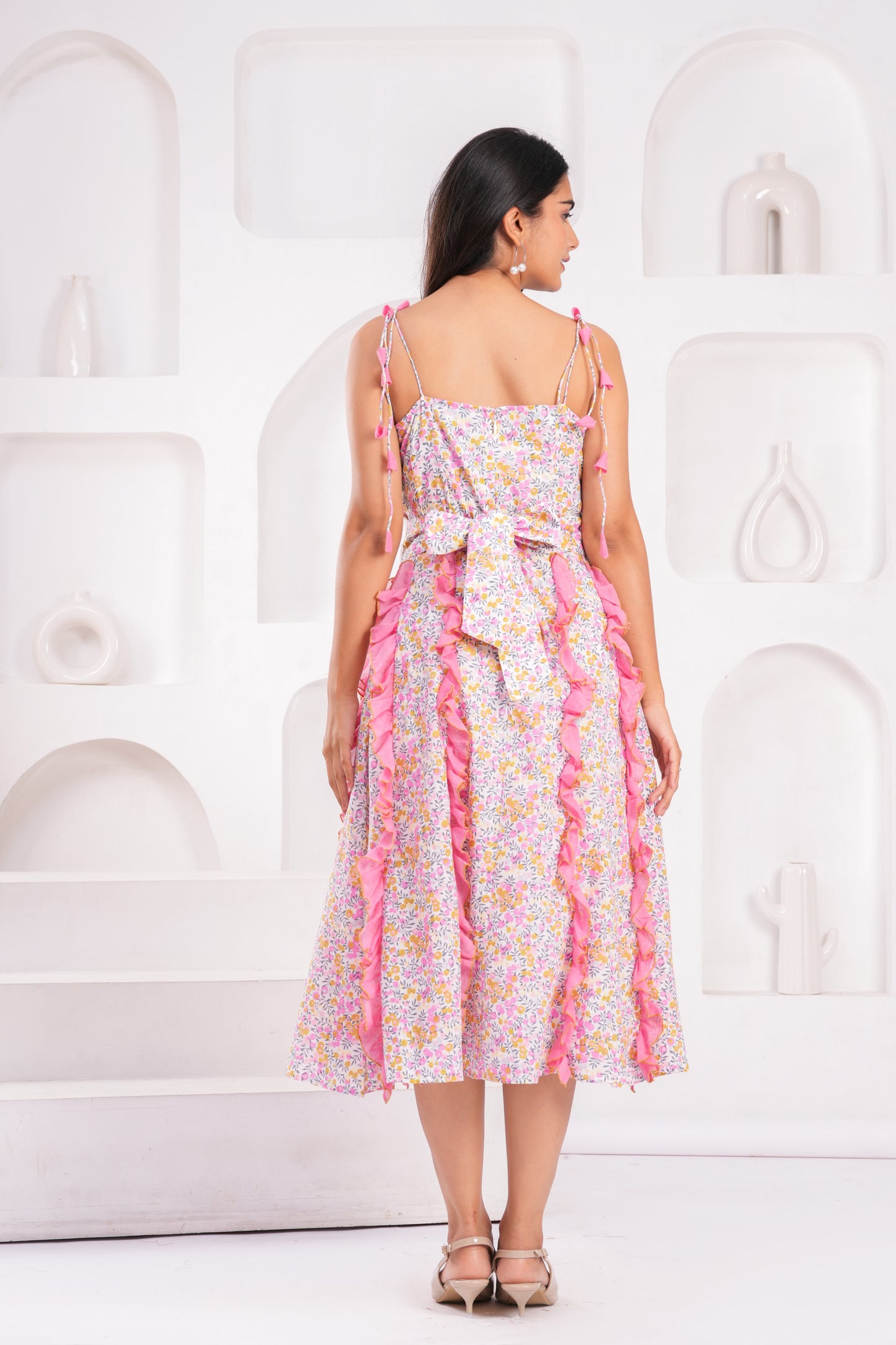 Women's Pink Floral Cotton Midi Dress with Shoulder Tie Straps & Ruffle Panel Detailing