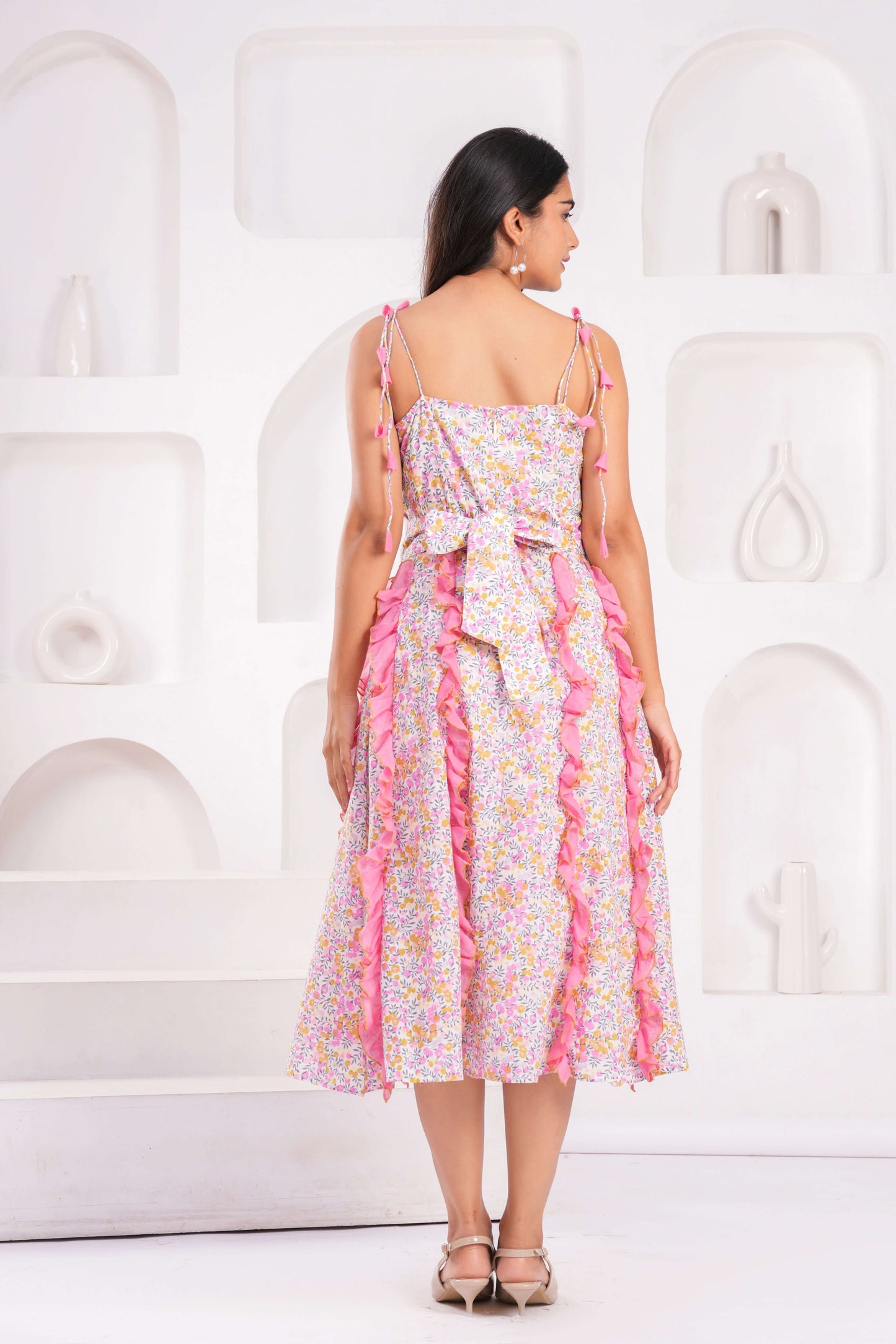 Women's Pink Floral Cotton Midi Dress with Shoulder Tie Straps & Ruffle Panel Detailing